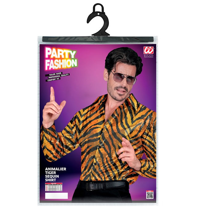 Widmann Party Fashion Shirt (Animalier Tiger Sequin Shirt) (L/XL) Orange