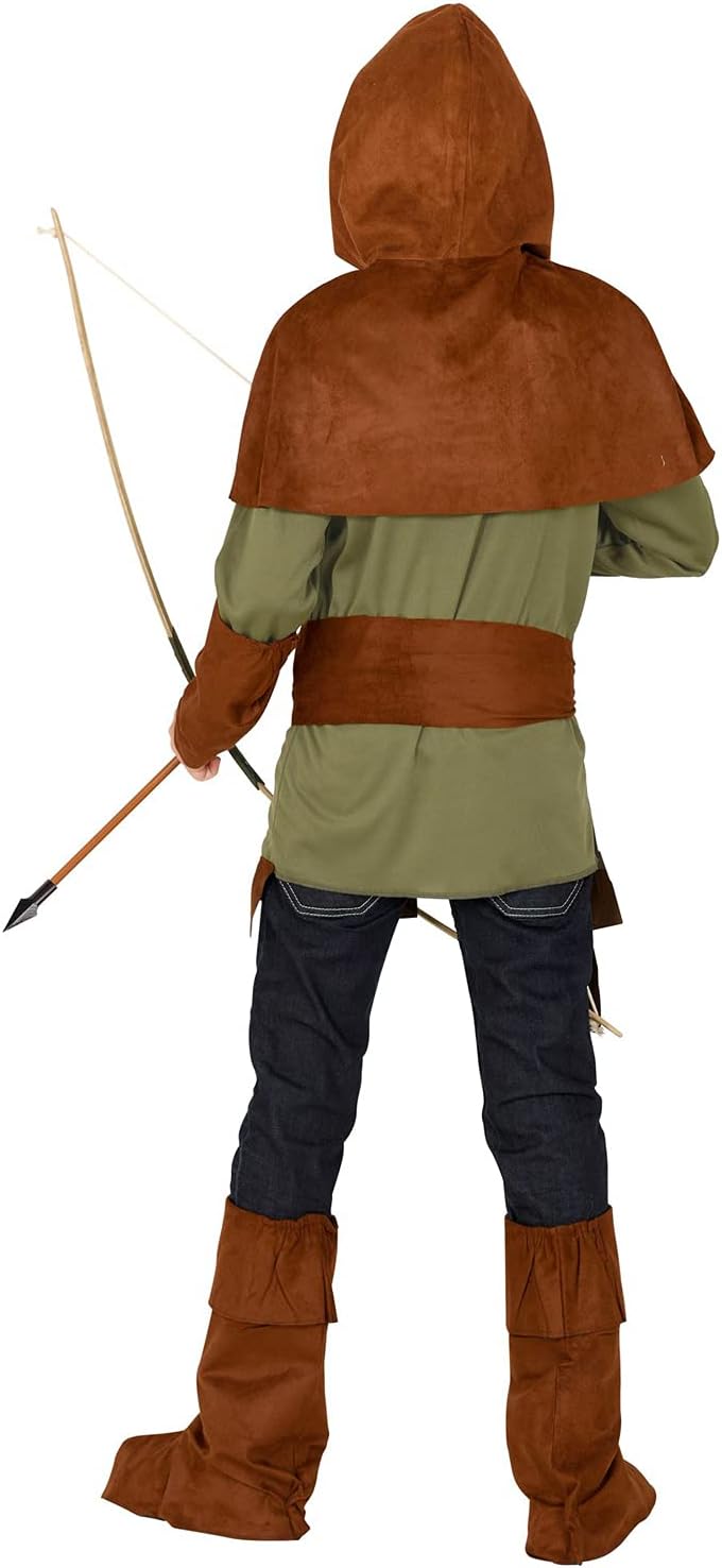 Widmann - Kinderkostüm Robin of Sherwood, Oberteil, Armschoner, Schulterumhang mit Kapuze, Gürtel, Stiefelüberzieher, Mittelalter, Karneval, Mottoparty 158