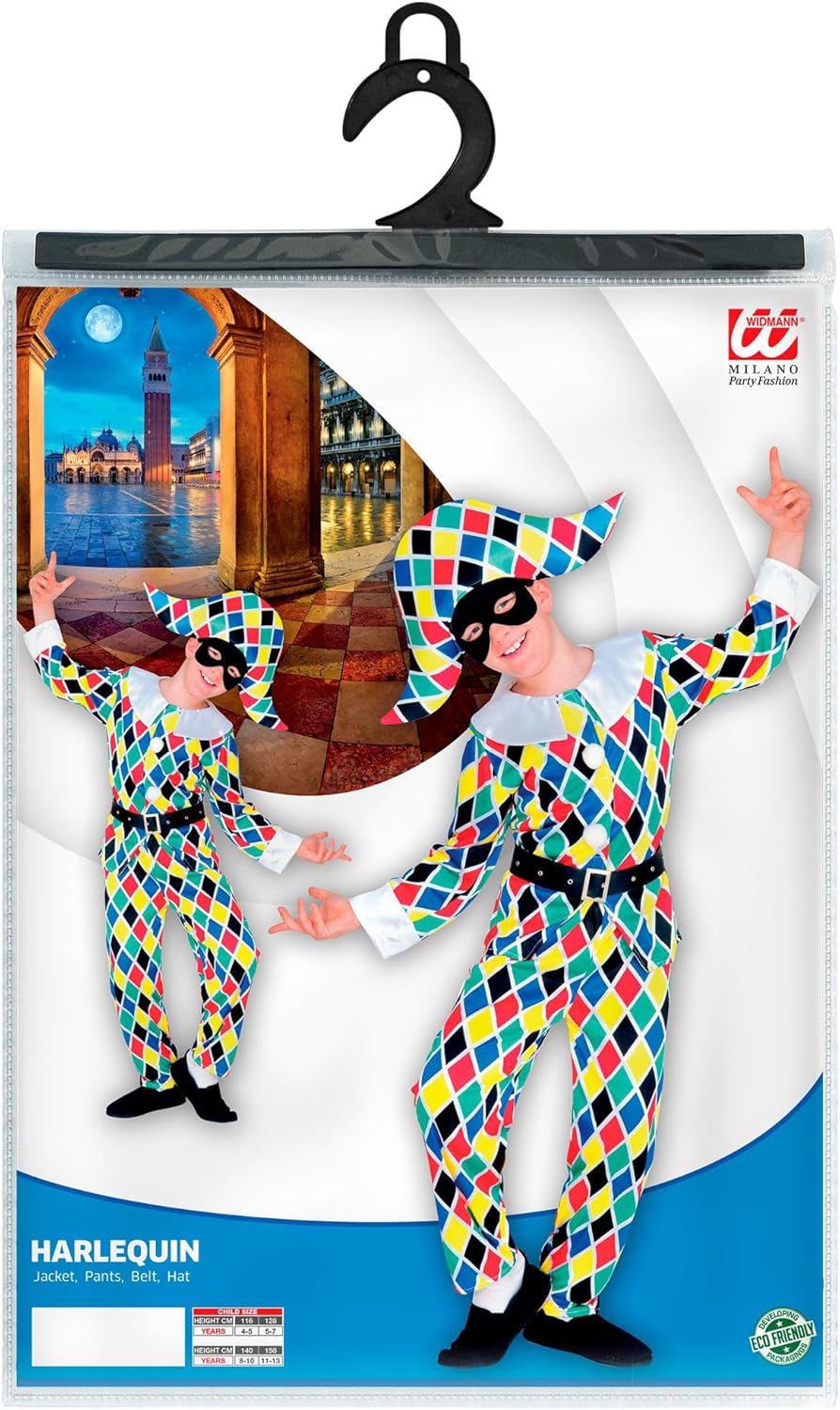 Widmann Children's Harlequin Costume Jacket Trousers Belt Hat Clown Jester Court Jester Carnival Fancy Dress Party Theme Party