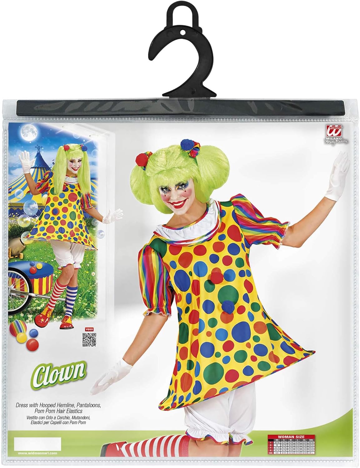 Widmann - Clown girl costume, dress with tyres, love killer and hair bands, circus, carnival, theme party
