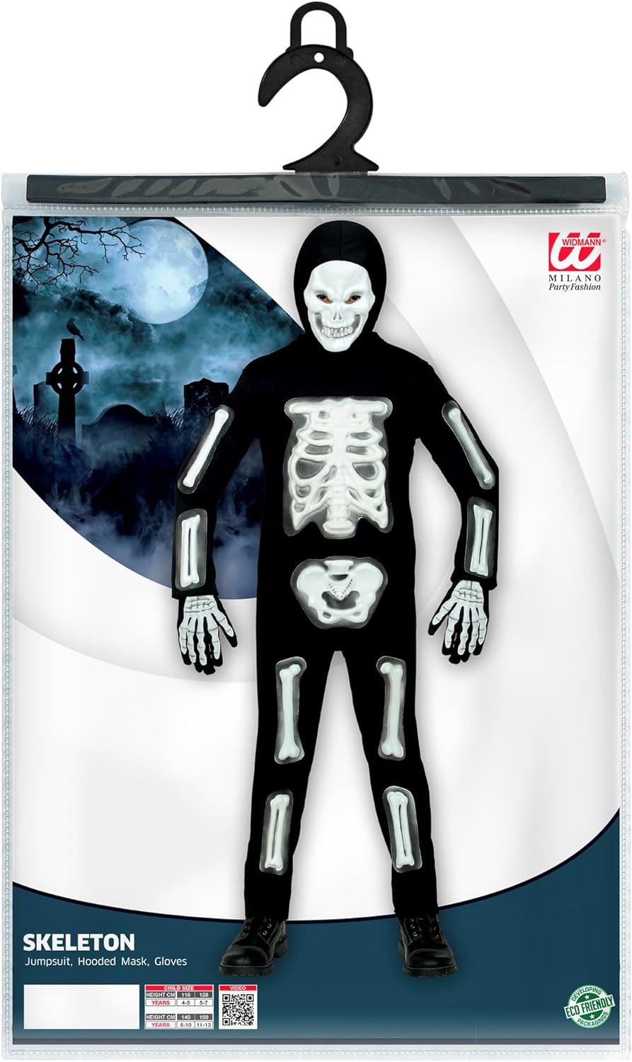 Widmann Children's Costume 3D Skeleton 4-Piece White Black Jumpsuit Mask with Hood and 1 Pair of Gloves Skull Bone Costume Fancy Dress Theme Party Carnival Halloween 128