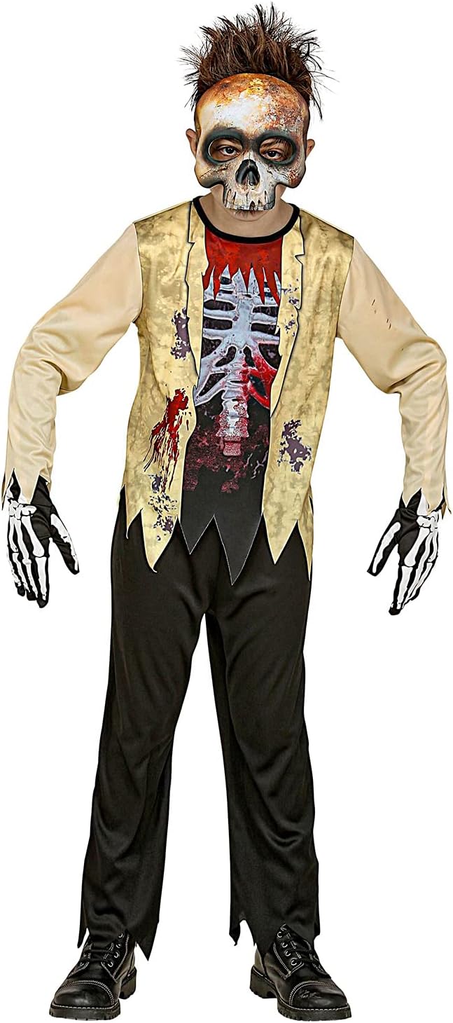 Widmann - Children's Zombie Skeleton 3-Piece Costume, Top, Trousers and Mask, Skull, Bone, Bloodsmeared, Horror, Psycho, Killer, Costume, Fancy Dress, Theme Party, Carnival, Halloween