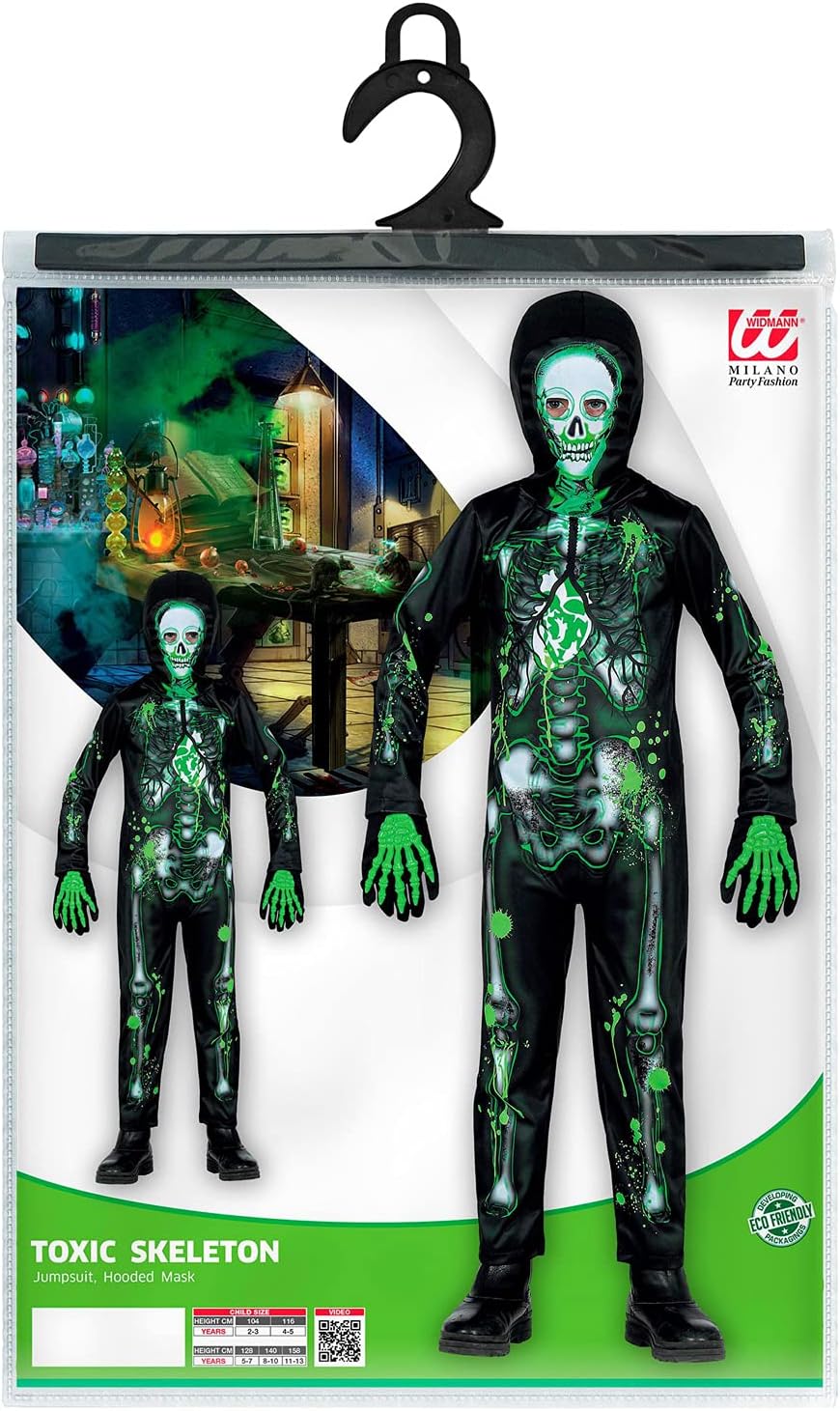 Widmann - Kinderkostüm Toxic-Skelett, 2-teilig, Totenkopf, Knochen, Kostüm, Verkleidung, Mottoparty, Karneval, Halloween 158