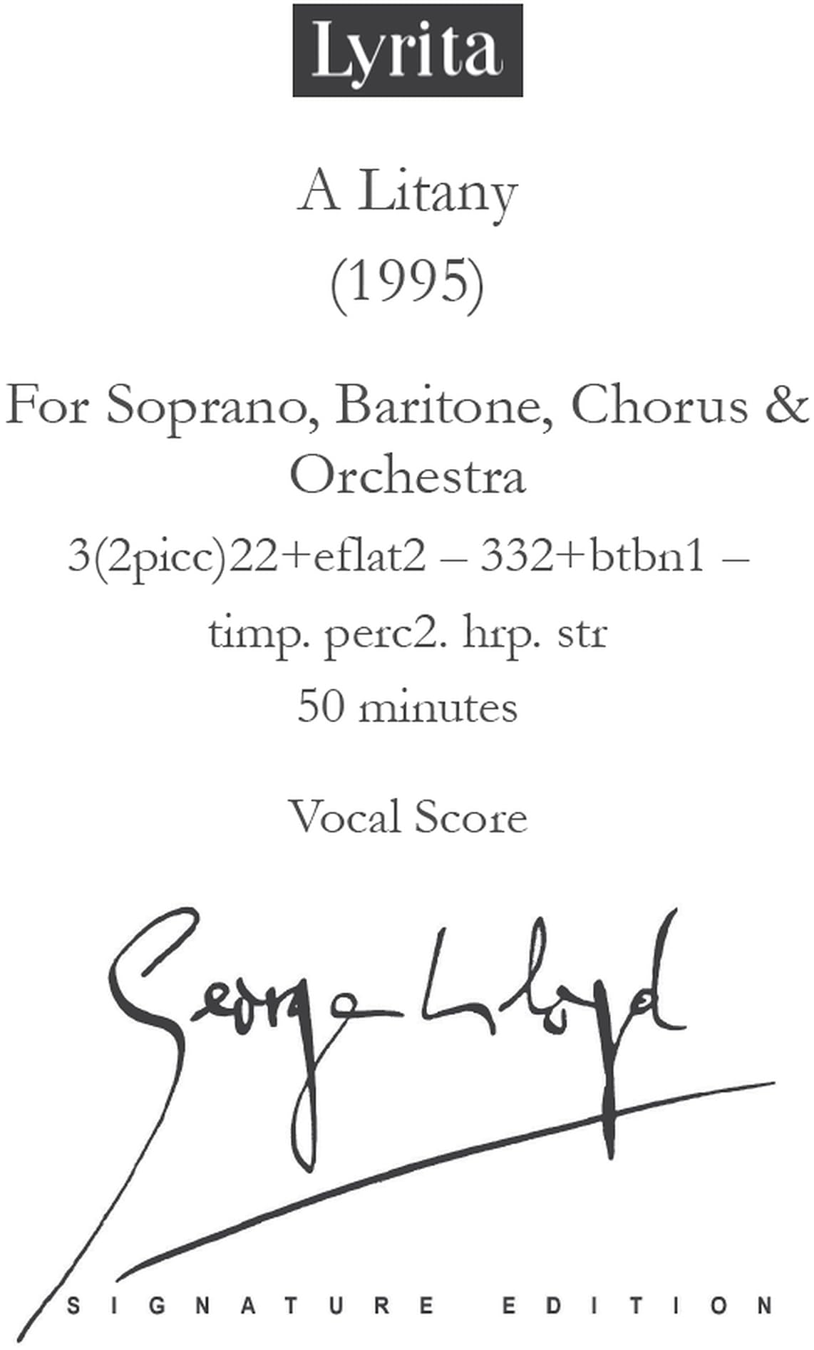 Lloyd: A Litany for soprano, baritone, chorus & orchestra Vocal Score