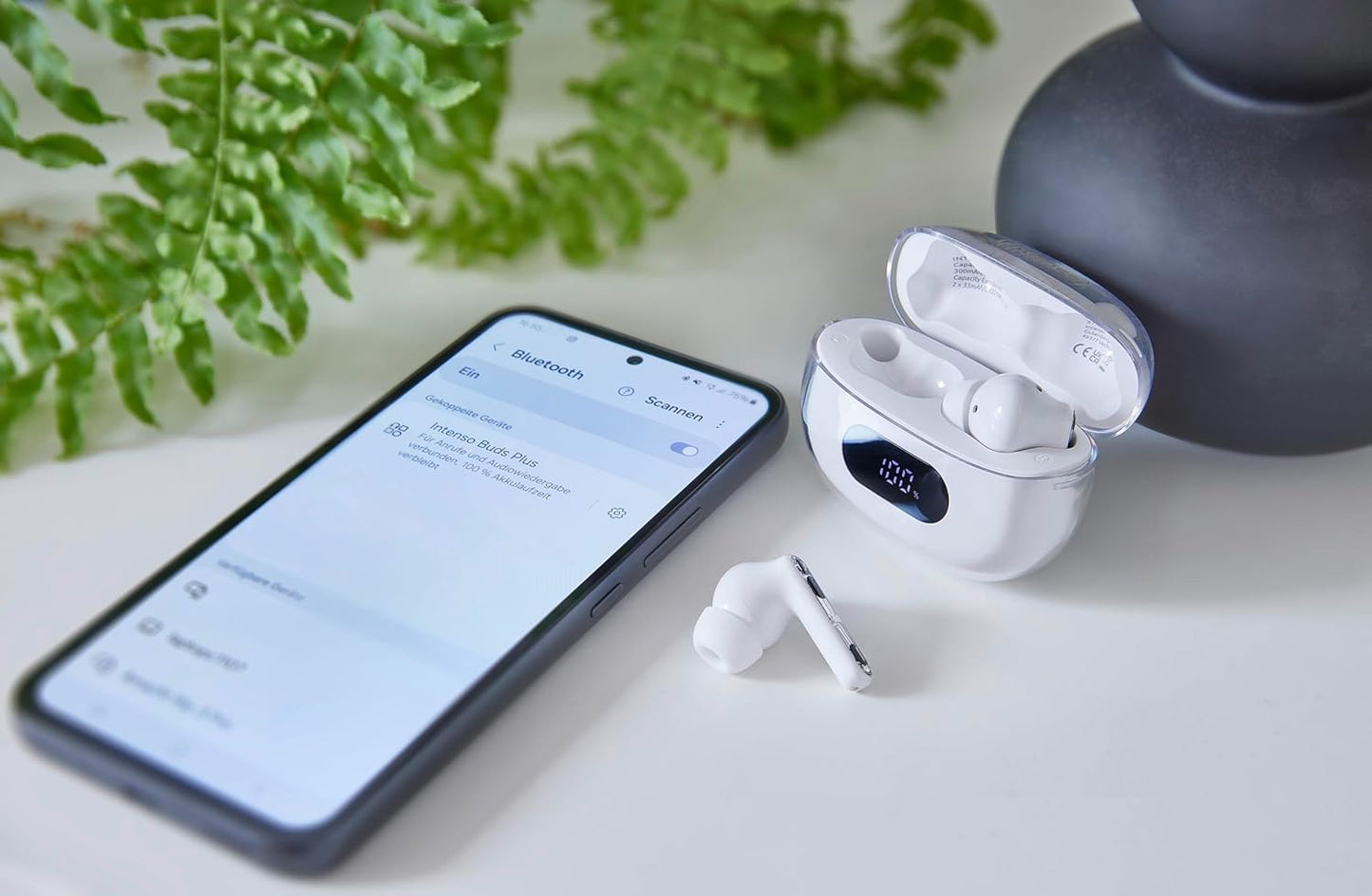 Intenso Buds Plus - Cuffie TWS True Wireless T312AE con cancellazione attiva del rumore, ENC, Bluetooth e fino a 25 ore di riproduzione musicale, colore: Bianco