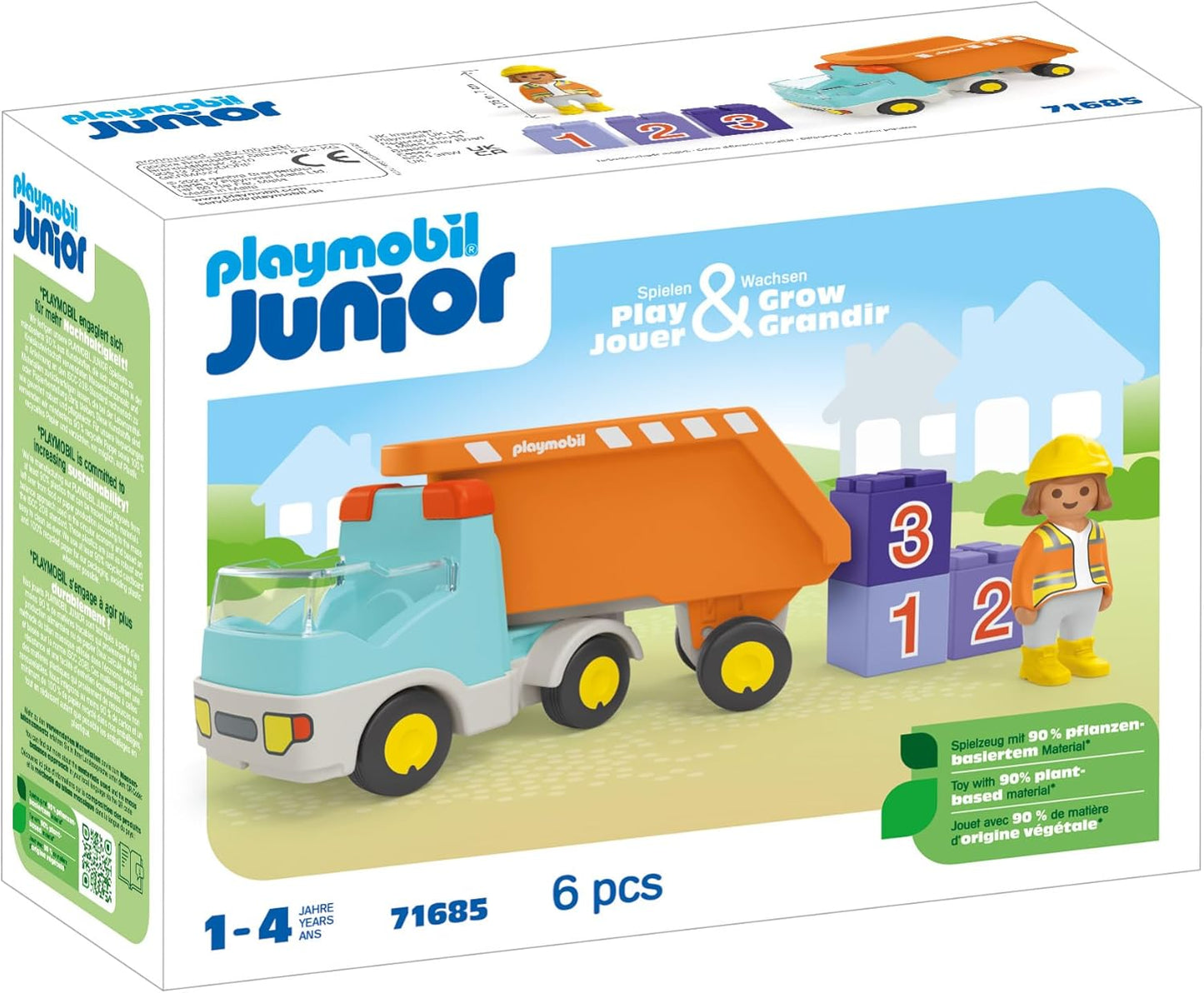 PLAYMOBIL 71685 JUNIOR: Dump Truck, including construction worker and three stackable stones, sustainable toy made from plant-based plastics, gifting toy, play sets suitable for children ages 1+