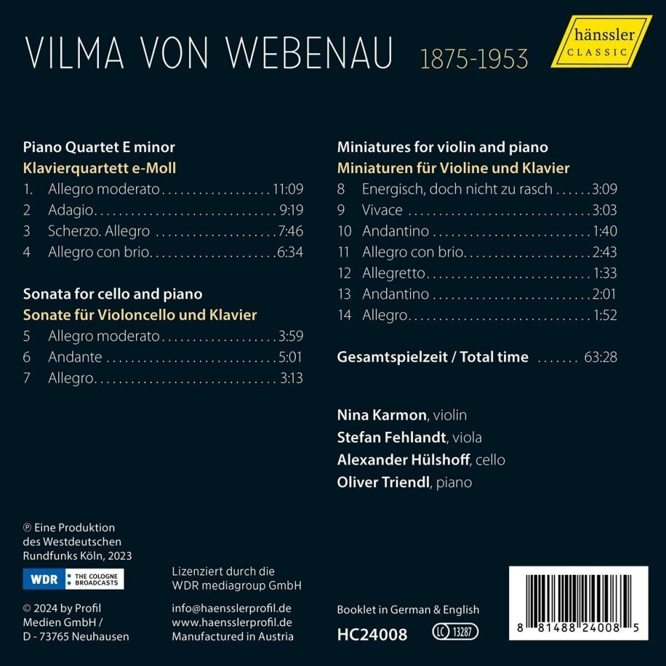Vilma Von Webenau: Piano Quartet/Cello Sonata/Miniatures