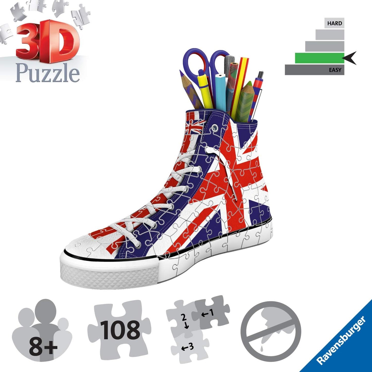 Ravensburger British Flag Shoe 3D Jigsaw Puzzle for Kids Age 8 Years Up - 108 Pieces Pencil Pot - No Glue Required British Flag Trainer 3D Puzzle Single