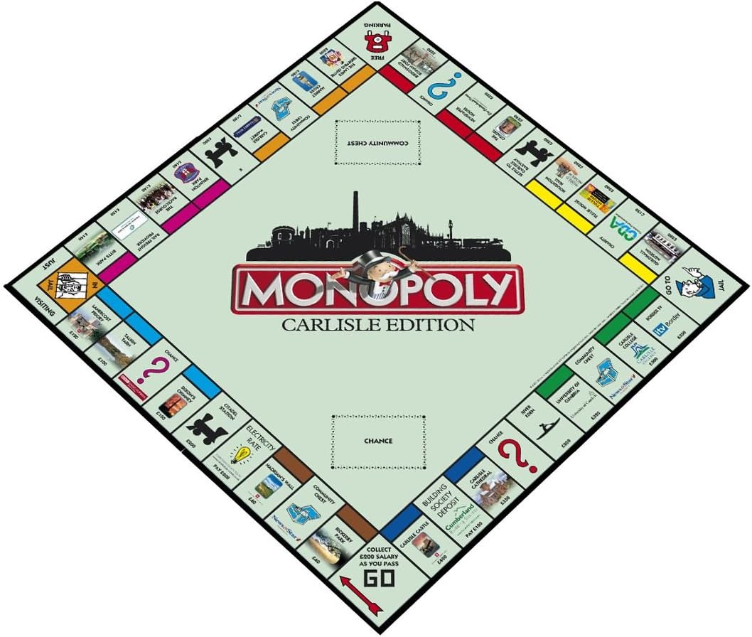 Winning Moves Carlisle Monopoly Board Game, Advance to Carlisle Castle, Carlisle Cathedral or Hadrian's Wall and trade your way to success, 2–6 players makes a great gift for ages 8 plus