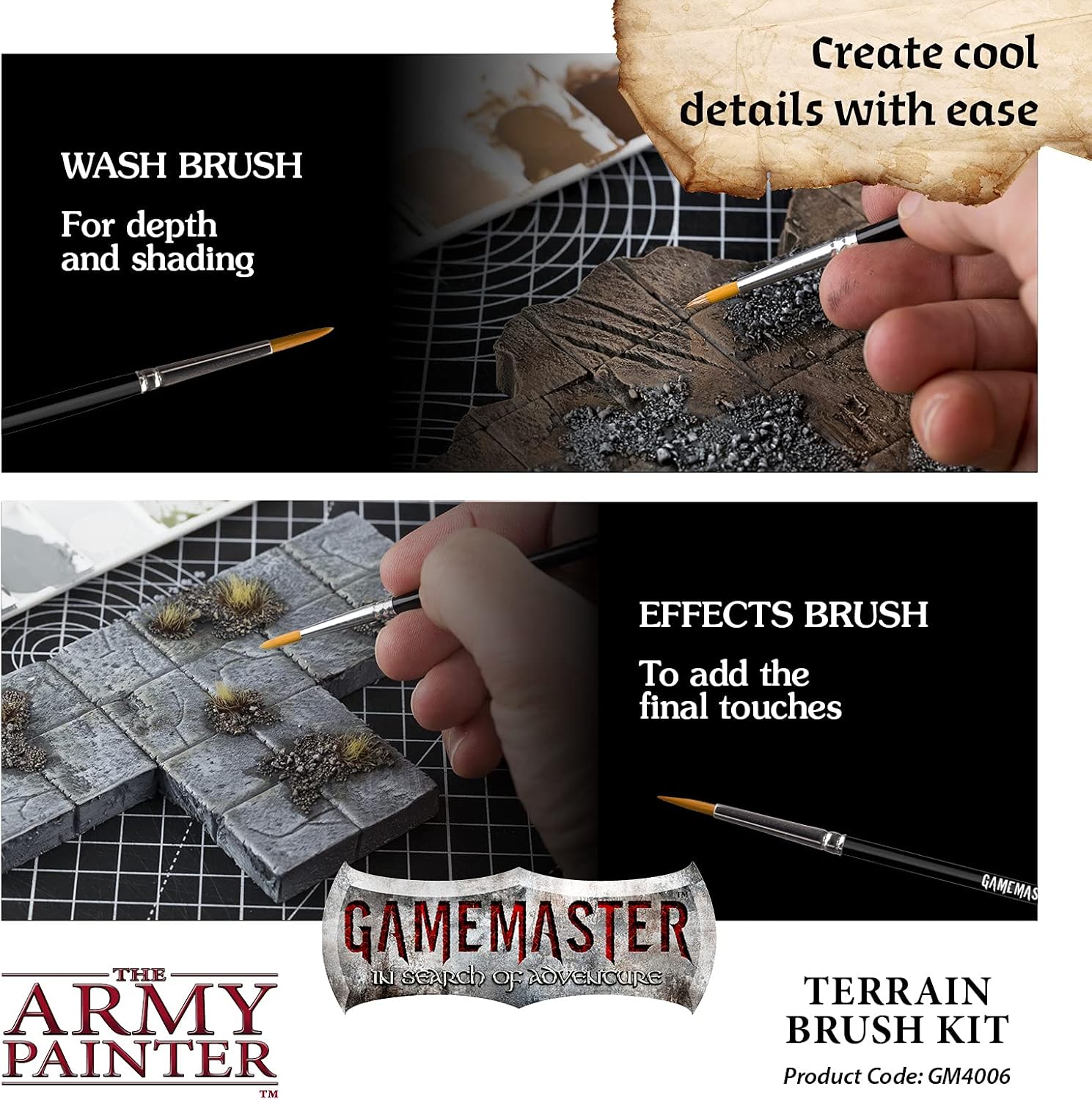 The Army Painter GameMaster Terrain Brush Kit, 4 Brushes, for Painting XPS Foam MDF Board Scenery or Wargaming Terrain: Large Drybrush, Medium Drybrush, Wash Brush, Effects Brush, for Roleplaying