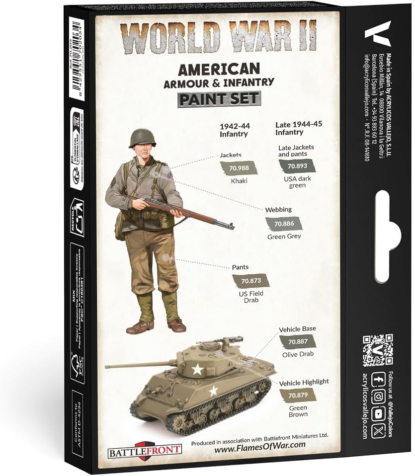 Vallejo VAL70203 AV Model Color Set-WWII American Armour&Infantry, 17 ml (Pack of 6