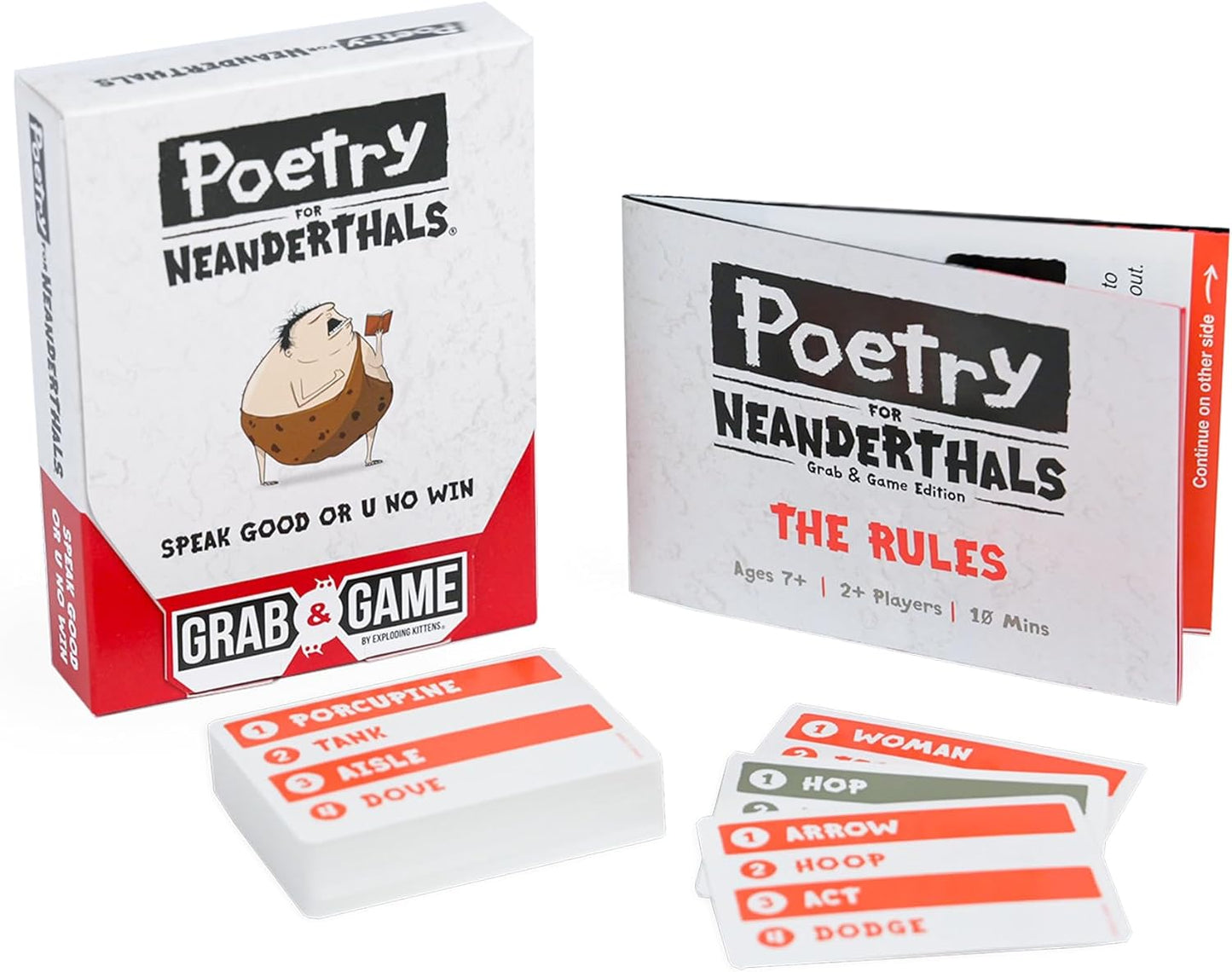 Exploding Kittens Presents Poetry for Neanderthals Grab & Game - Pocket Size Camping Games for Adults, Card Games for Families, Ages 7+, 60 Cards, 200+ Words, Single-Syllable Guessing Outdoor Games