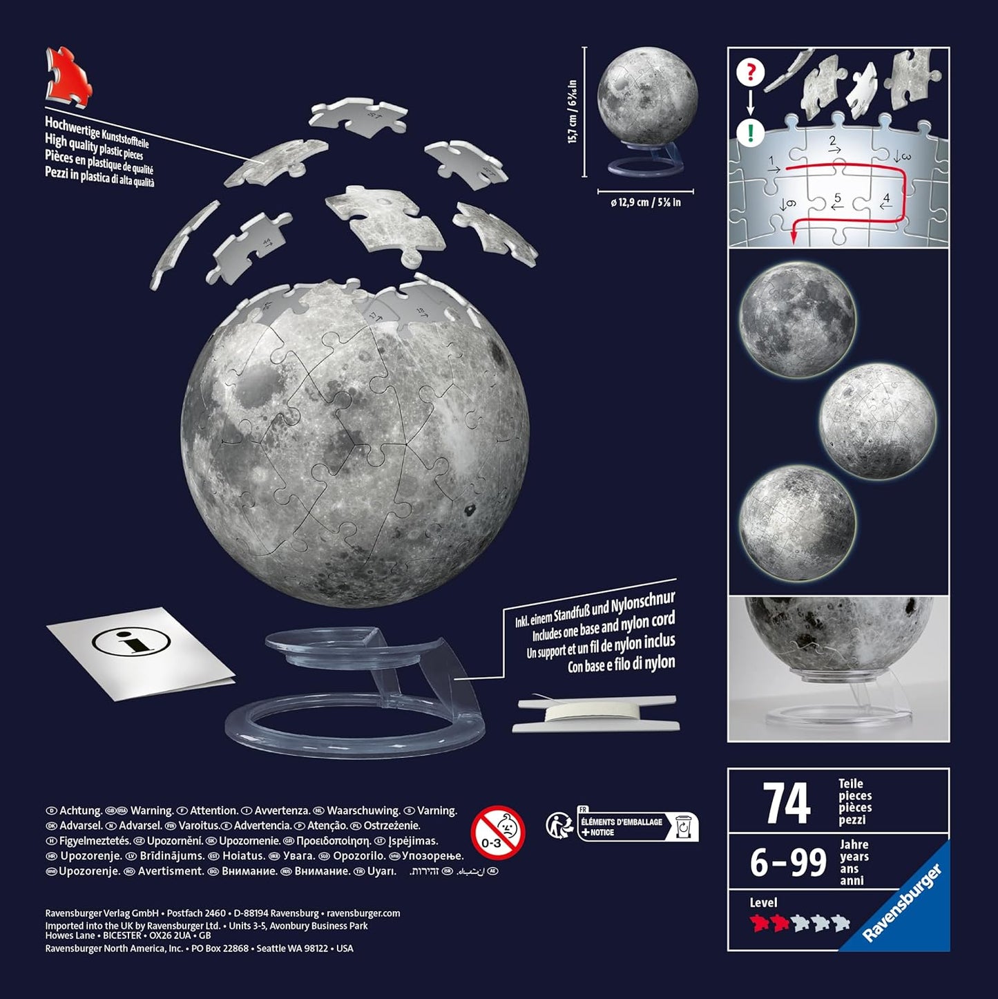Ravensburger 11586 Glow in The Dark Moon-3D Puzzles for Kids Age 6 Years Up-72 Pieces-No Glue Required, White, One Size