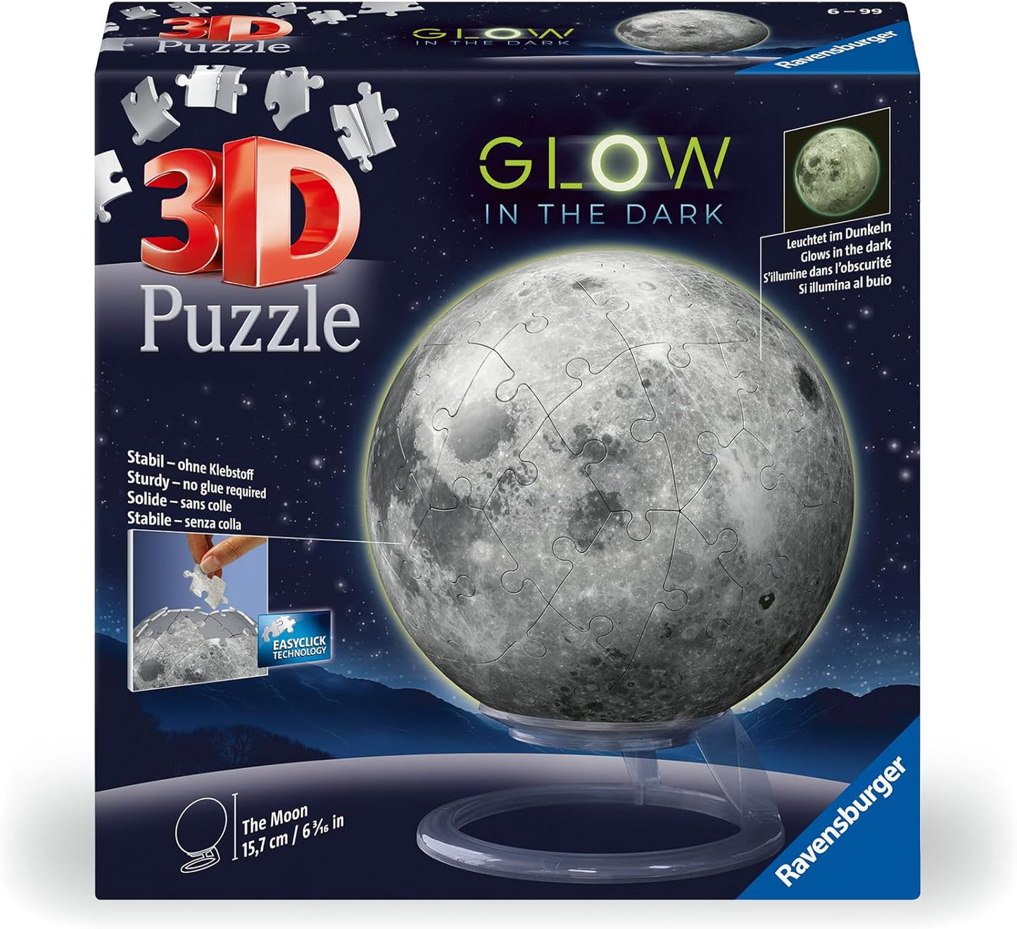 Ravensburger 11586 Glow in The Dark Moon-3D Puzzles for Kids Age 6 Years Up-72 Pieces-No Glue Required, White, One Size