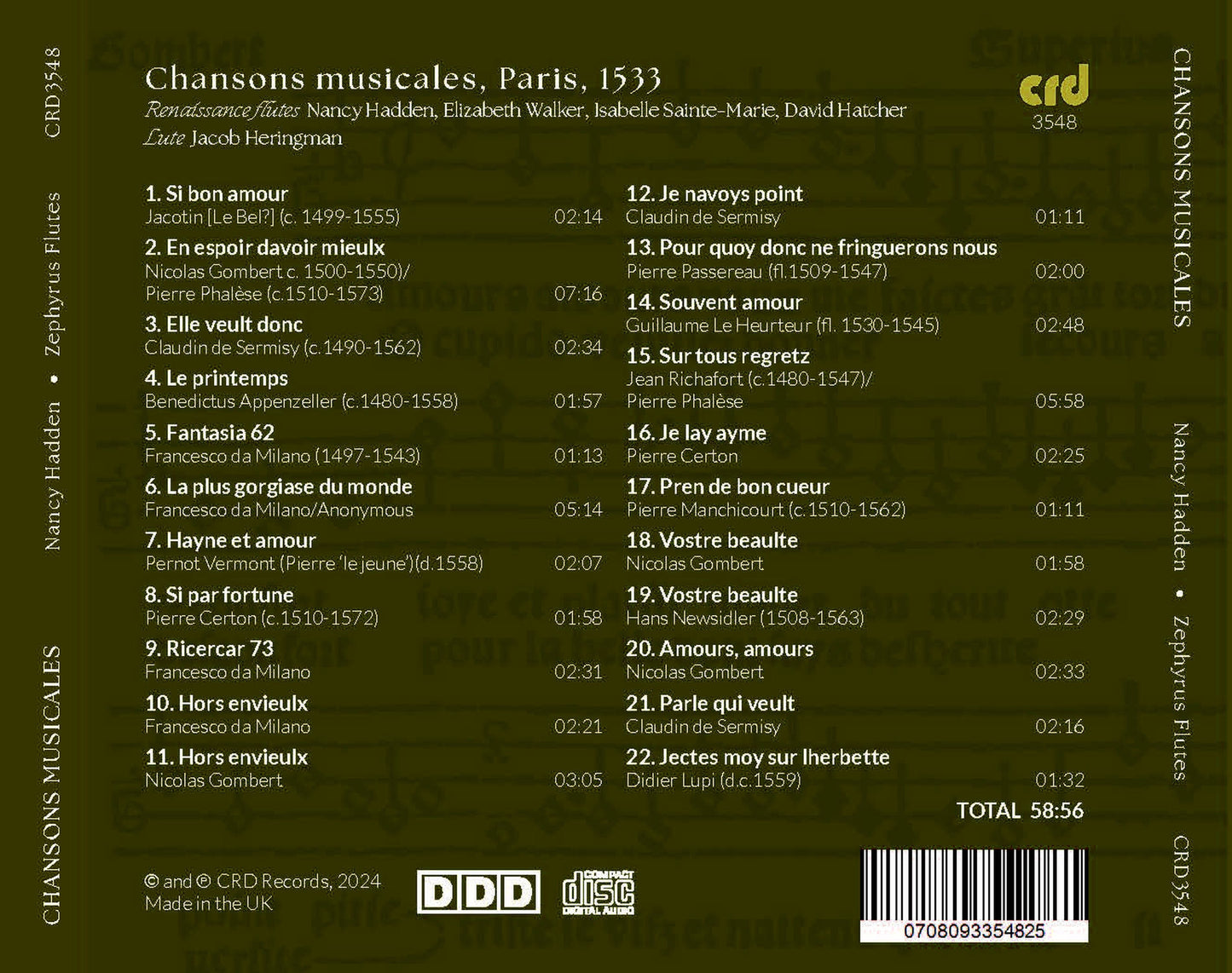 Nancy Hadden/Zephyrus Flutes: Chansons Musicales, Paris, 1533