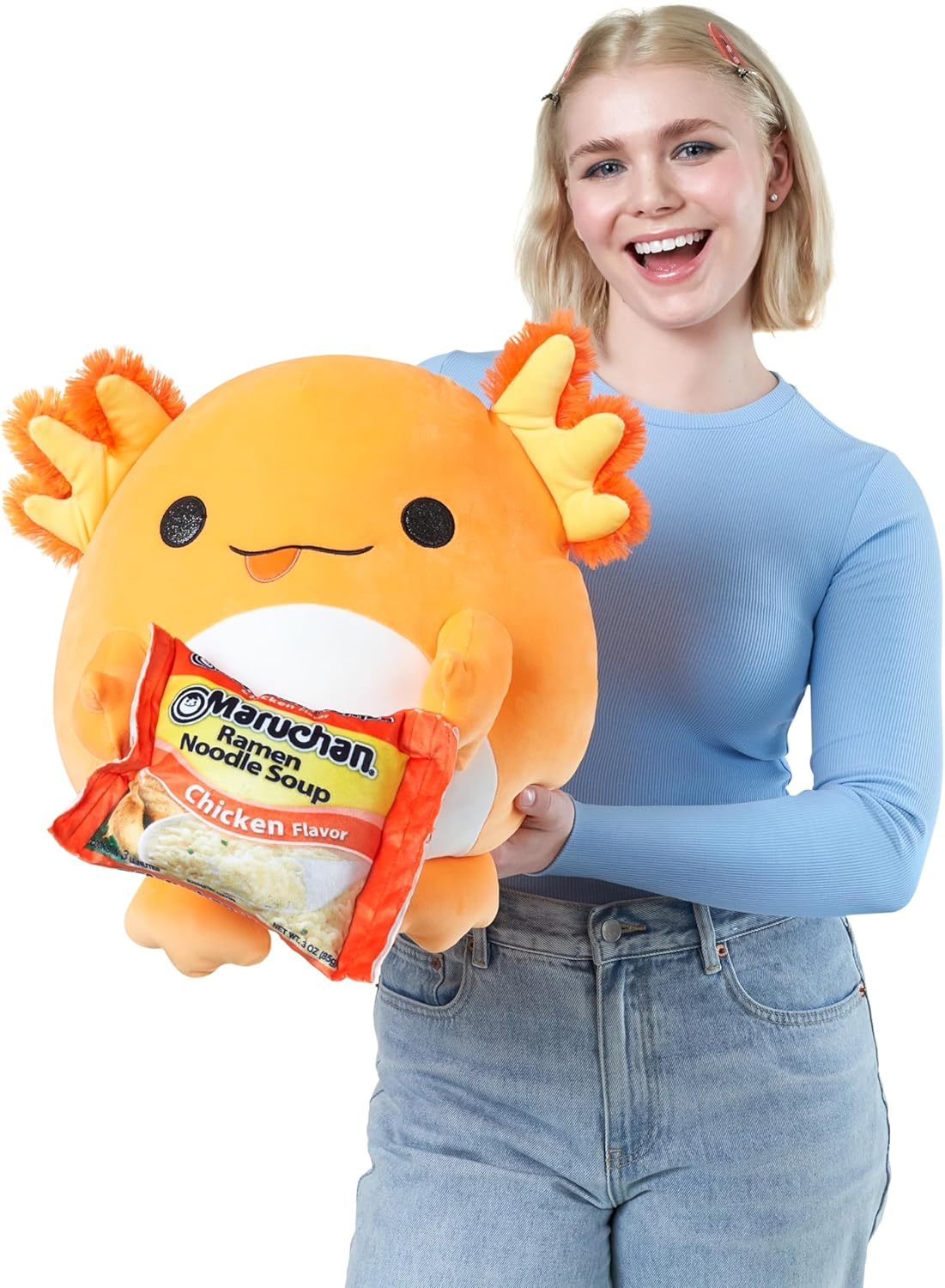 Snackles Super Sized 35 cm, Axolotl (Maruchan), by ZURU Cuddly Squishy Comfort 35 cm Plush with License Snack Brand Accessory (Axolotl