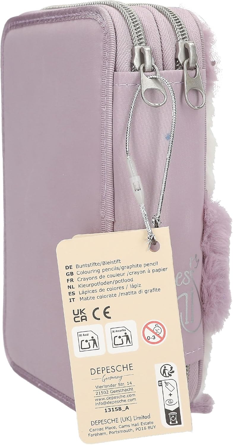 Depesche 13158 Princess Mimi Penguin - Filled 2-Compartment Pencil case in Lilac and Cream, with Penguin Motif and Plush Fur, Pencil case with Crayons, Ruler, Scissors and Much More.