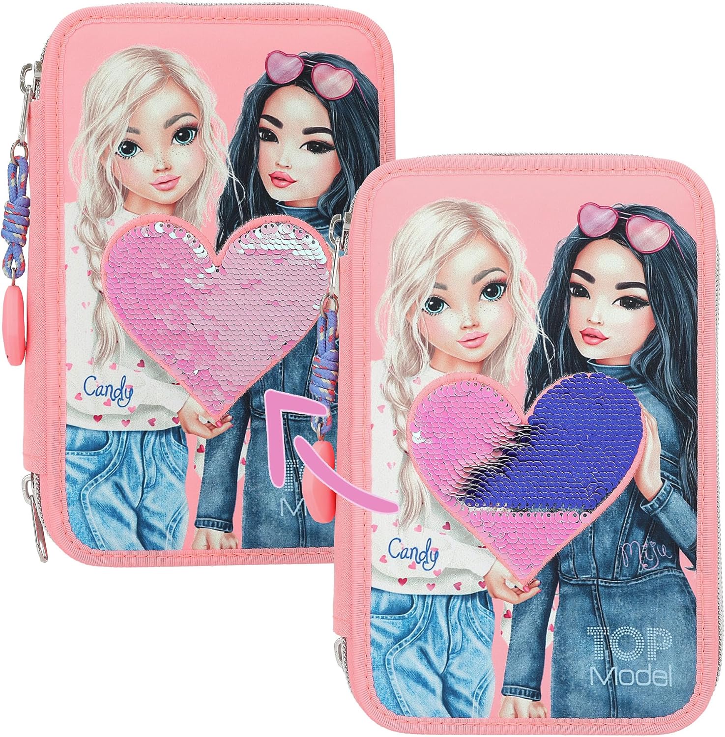 Depesche TOPModel 12950 Filled 3-Compartment Pencil Case in Pink, with Model Motif and Reversible Sequins, Pencil Case with Colouring Pencils, Ruler, Scissors and Much More