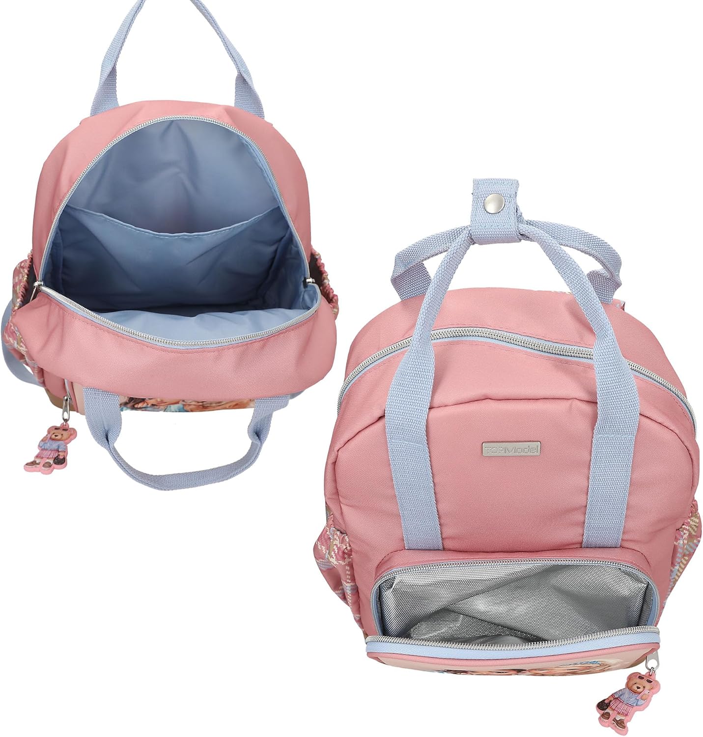 Depesche 13012 TOPModel Team Teddy Backpack in Pink, Beige and Blue, with Model Motif and Pendant, Bag with Adjustable Straps and Thermal Compartment, Multicoloured, Standard Size