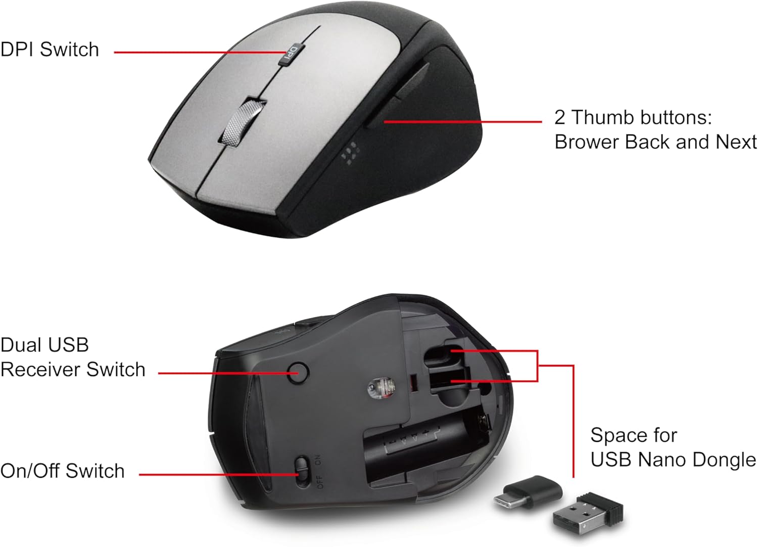 Equip Mouse wireless 245115 con adattatore Dual Connect (USB-C+A