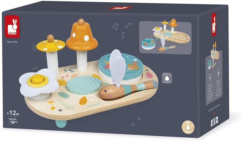 Janod - Pure Musiktisch mit 5 Funktionen - Kinder Spieltisch aus Holz - Musikalisches Holzspielzeug - Mit Zimbel, Glocke, Waschbrett und Tamburin - Baby Spielzeug ab 1 Jahr, J05164