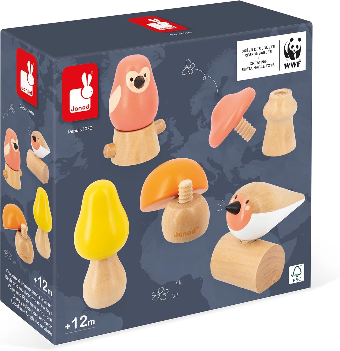 Janod 2 Vögel und 3 Pilze zum Schrauben-Lernspielzeug und Frühförderung-Spielzeug aus FSC-Holz-WWF-Partnerschaft-Ab 18 Monate, J08643, Mehrfarbig, one size