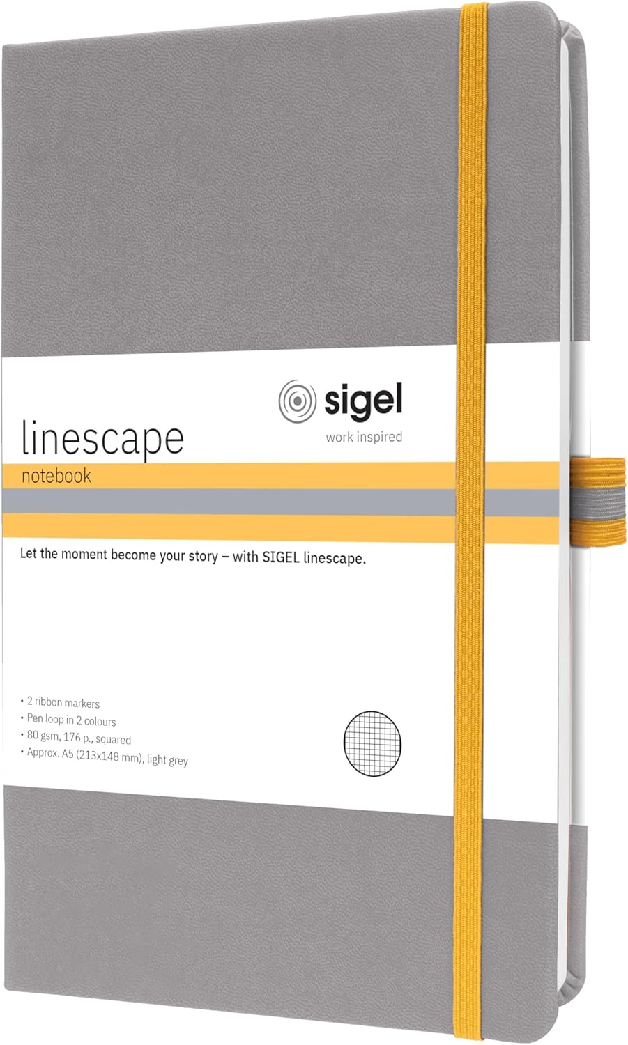 Sigel LS100 Cuaderno de notas, A5, cuadriculado, cubierta rígida - Ideal como diario personal, bullet journal, libro de ideas, cuaderno de escritura - 176 páginas, gris claro/amarillo - Linsescape