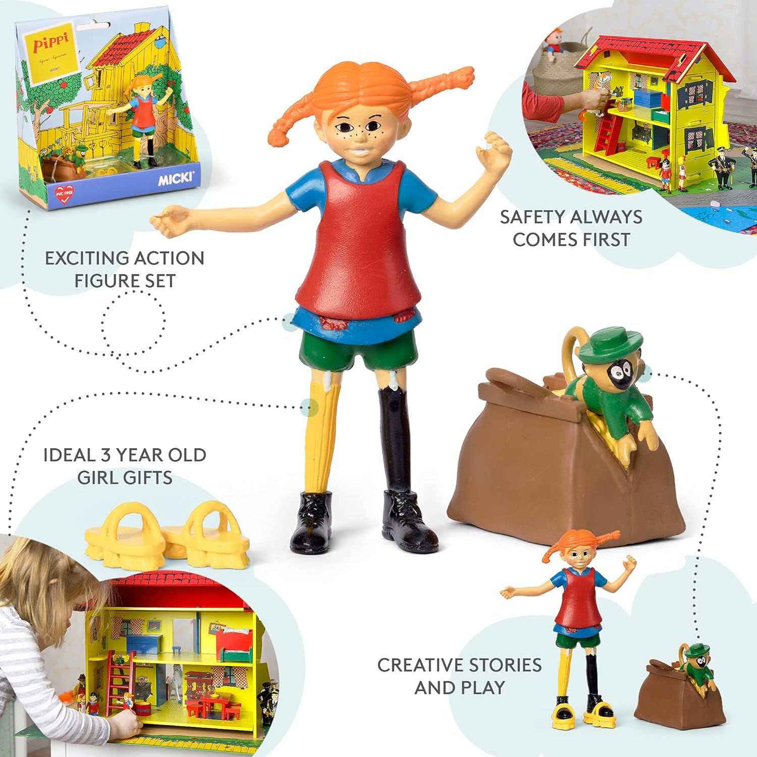 Pippi Langstrumpf Spielzeug Spielfiguren mit Pippi, Herr Nilsson Äffchen, Gold Koffer & Scheuerbürste Schuhe – Puppenhaus Zubehör Figuren Mädchen und Jungen ab 3 Jahren
