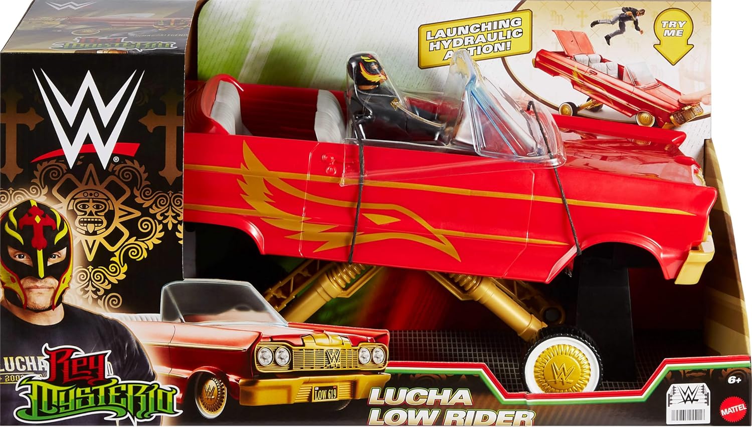 Mattel WWE Action Figure & Toy Vehicle Set, Rey Mysterio Main Event Figure & Lucha Low Rider Car with Launching Action & Hydraulics