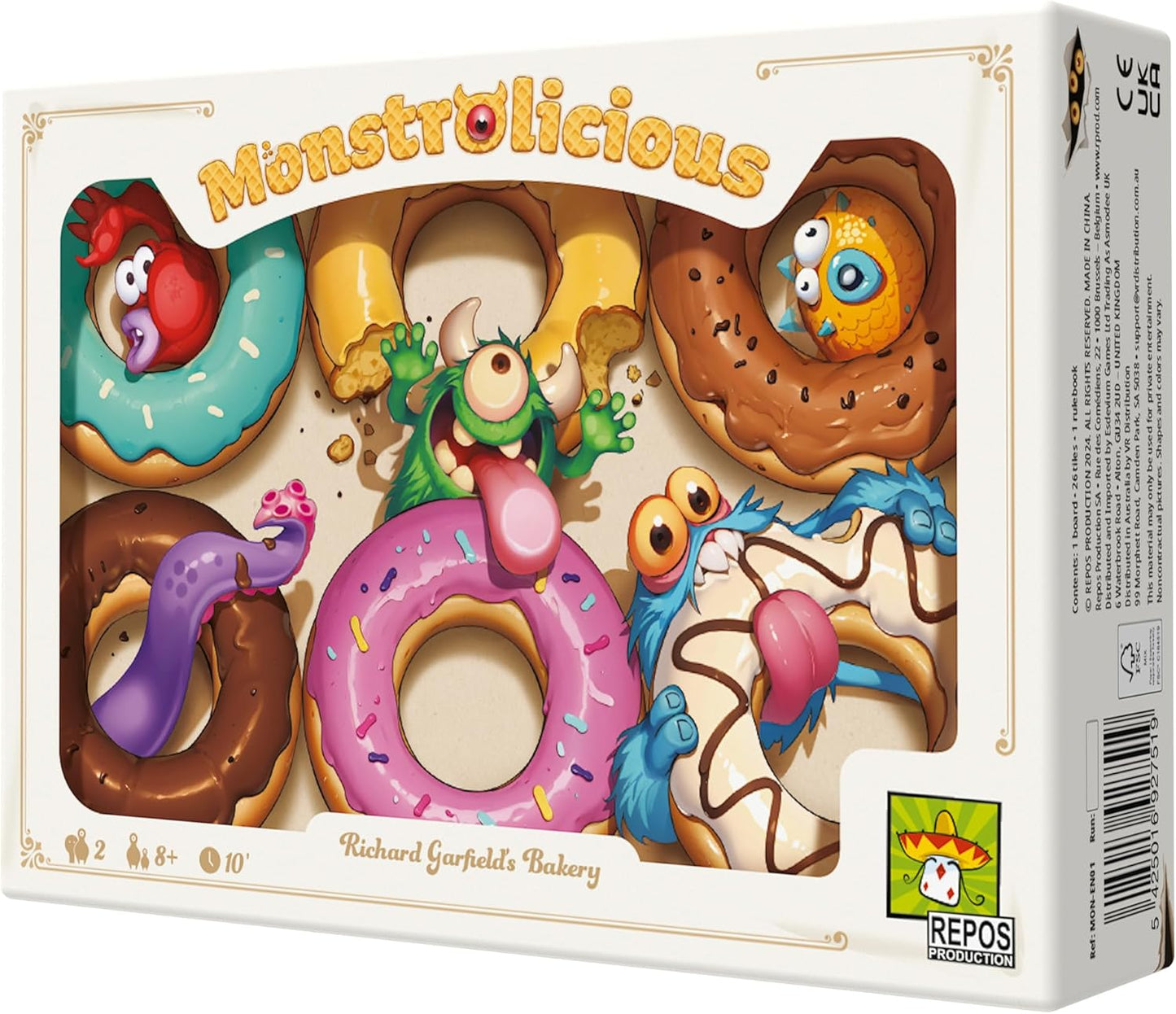 Juego de mesa Monstrolicious – Juego de estrategia familiar con monstruos y postres peculiares, emocionantes minijuegos y sorpresas, a partir de 10 años, 2 jugadores, 10 minutos de tiempo de juego