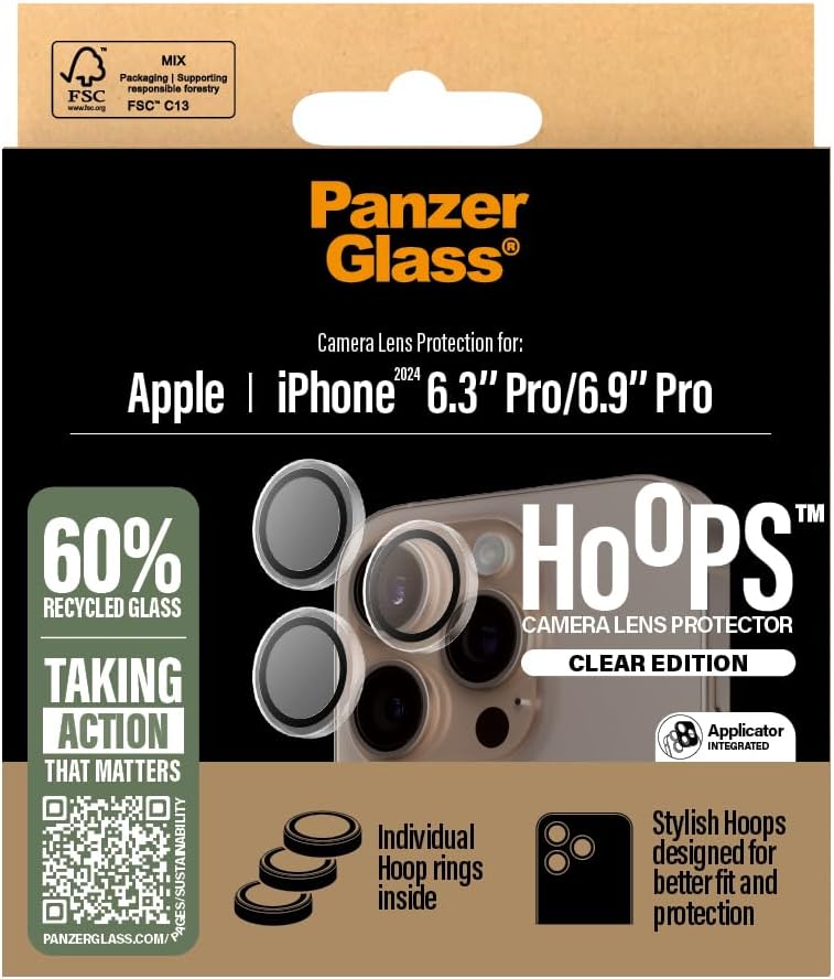 PanzerGlass HOOPS Camera Lens Protector for Apple iPhone 16 Pro / 16 Pro Max 2024| Ultra High Clarity Glass,Full Coverage Individual Lens Protection, Anti-Scratch Anti-Fingerprint - Transparent