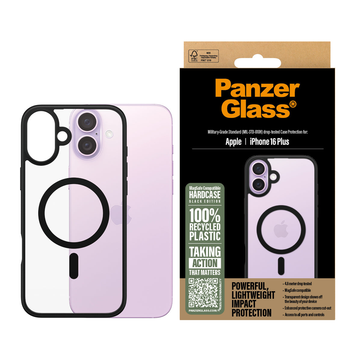 PanzerGlass ® HardCase Transparent w. Black MagSafe & Frame iPhone 16 Plus