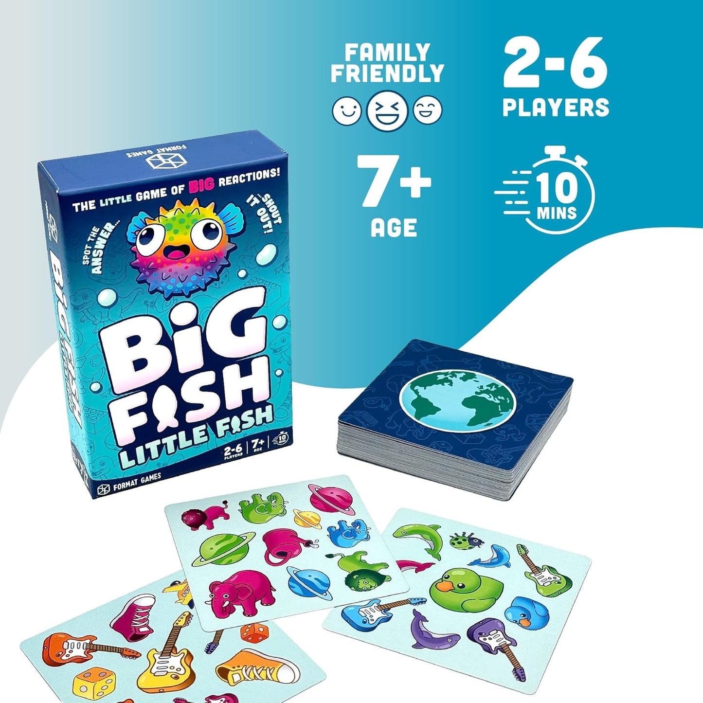 Format Games Big Fish Little Fish Gioco di carte per famiglie veloce di reazioni rapide e divertimento da individuare! Gioco educativo per bambini e adulti, dai 5 anni, da 2 a 6 giocatori, 10 minuti