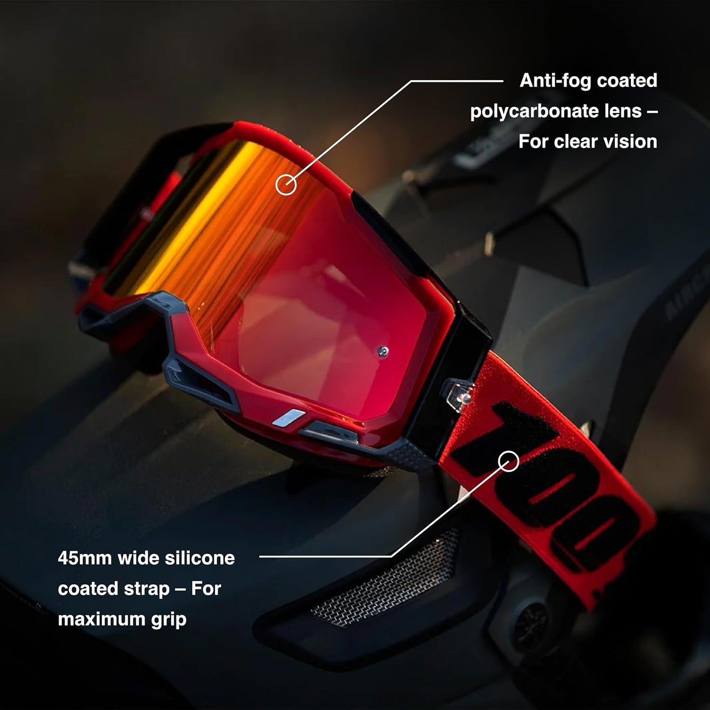 100% Accuri 2 Goggles - Eyewear for Motocross & Mountain Biking - Goggles for Dirt Bikes, Motorcycles & Bike Sports - Glow, Mirror Silver Lens