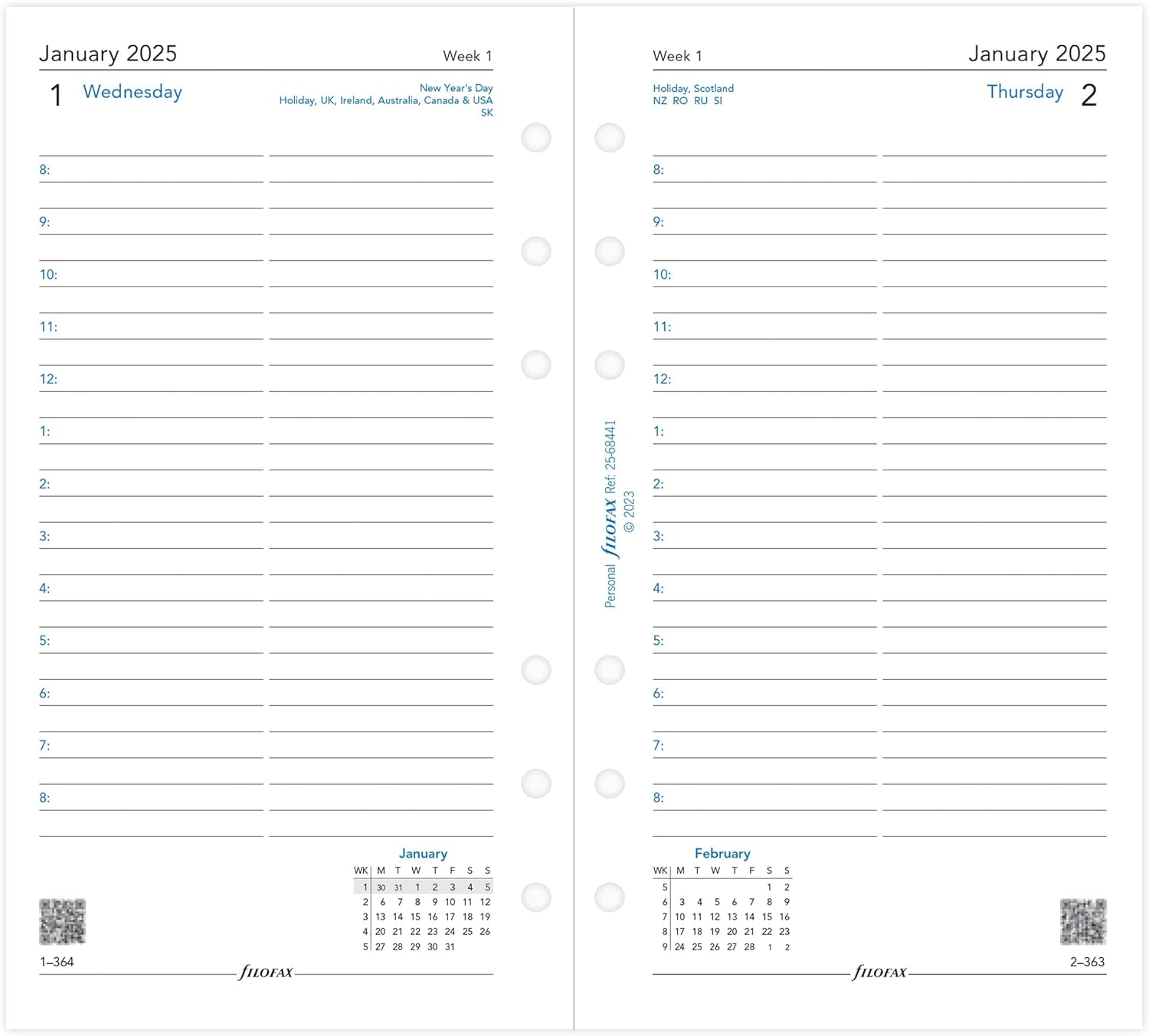 Personal Day per page English appointments 2025 Day per page White English