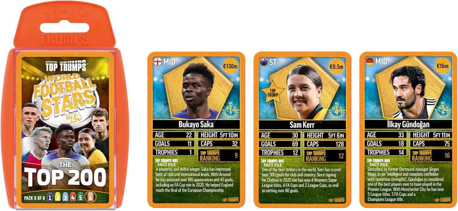 Top Trumps World Football Stars Top 200 Card Game Pack 6, Virgil Van Dijk, Thomas Muller, Saka and Odegaard educational gift for ages 6 plus