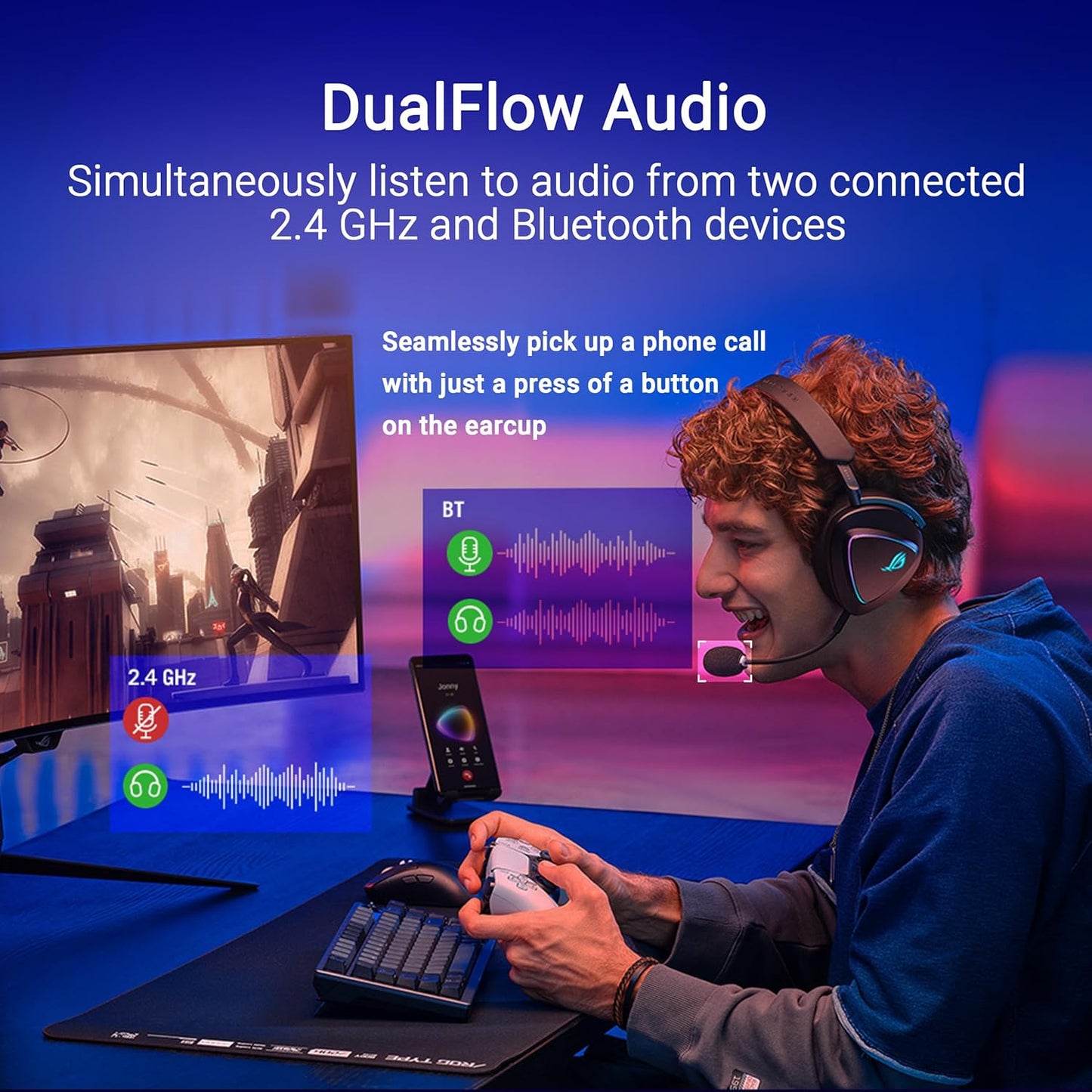 ASUS ROG Delta II Wireless Gaming Headset (50mm Titanium Drivers, ROG SpeedNova, 10mm Super-Wideband Mic, 153-HR Battery, DualFlow Audio, BT, 2.4GHz, 3.5mm, For PC, Switch, PS4, PS5, Xbox) - Black