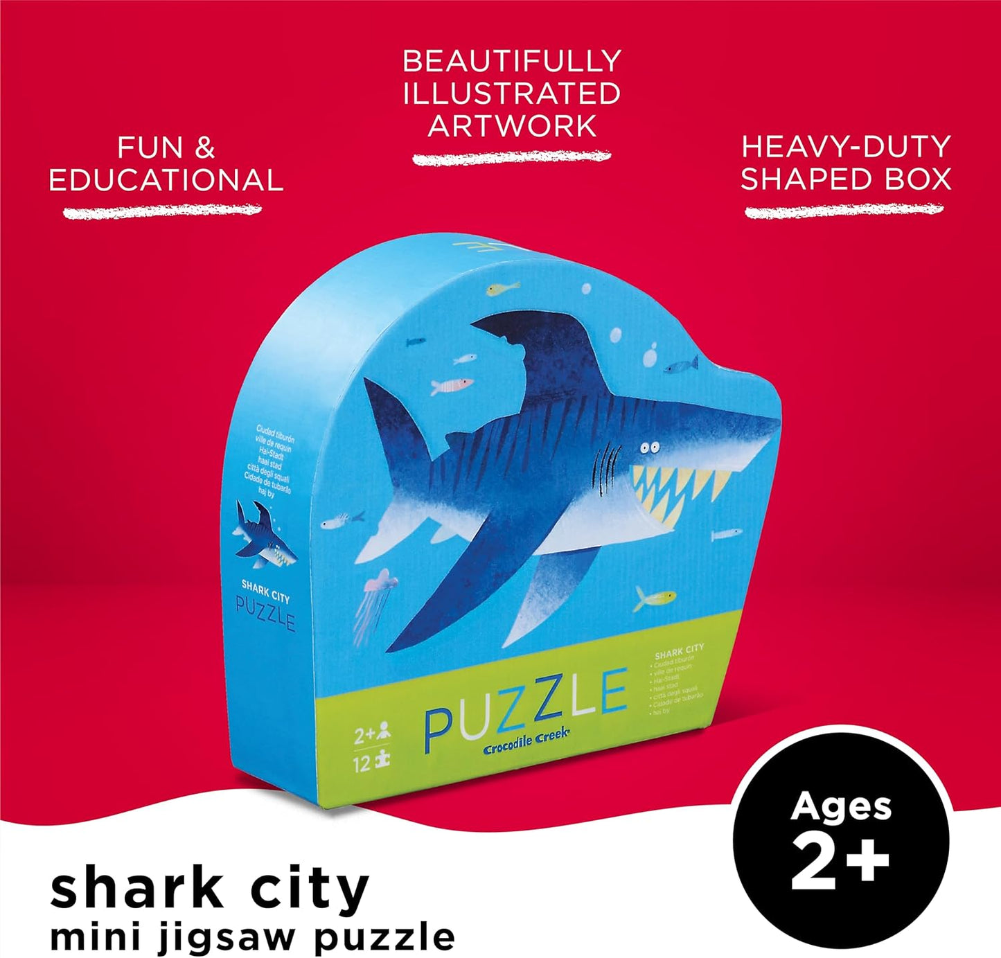 Crocodile Creek Mini Floor Puzzle - Shark City - 12 Large Jigsaw Pieces - for Kids Ages 2 Years and up - Heavy-Duty Box for Storage - Finished Puzzle is 9” x 12”