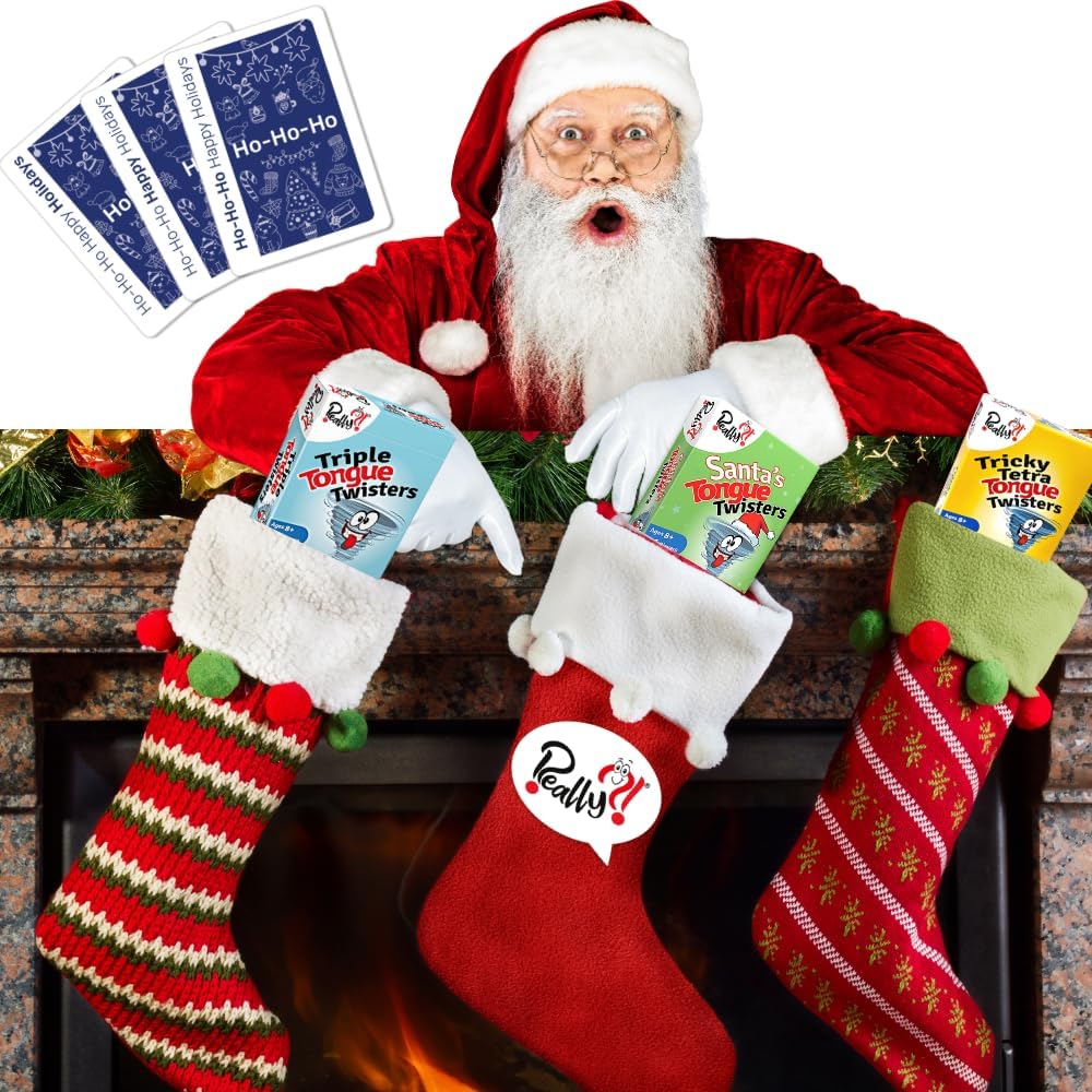 Really?! Santa's Tongue Twisters Kartenspiel, Weihnachtsspiele für Familien, lustige Strumpffüller-Idee, Urlaubsparty-Spiel für Kinder und Erwachsene, pädagogische Geschenke unter 10 Dollar