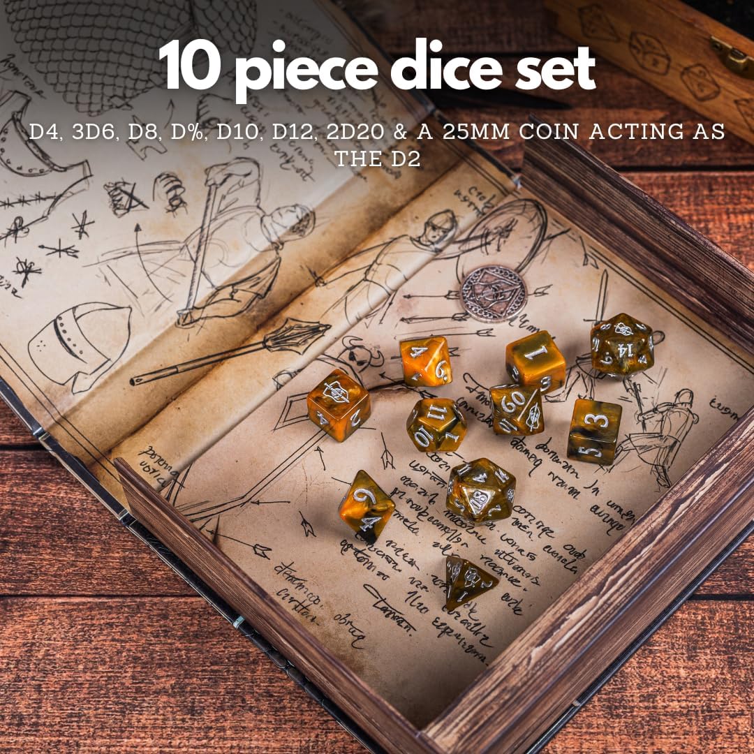 Tome of Combat│Fighter Themed 10 Piece Dice Set & Dice box For Storage And Travel For Dungeons & Dragons, Pathfinder, TTRPG Or Roleplay Game│More Than Your Standard 7 Piece Dice Set