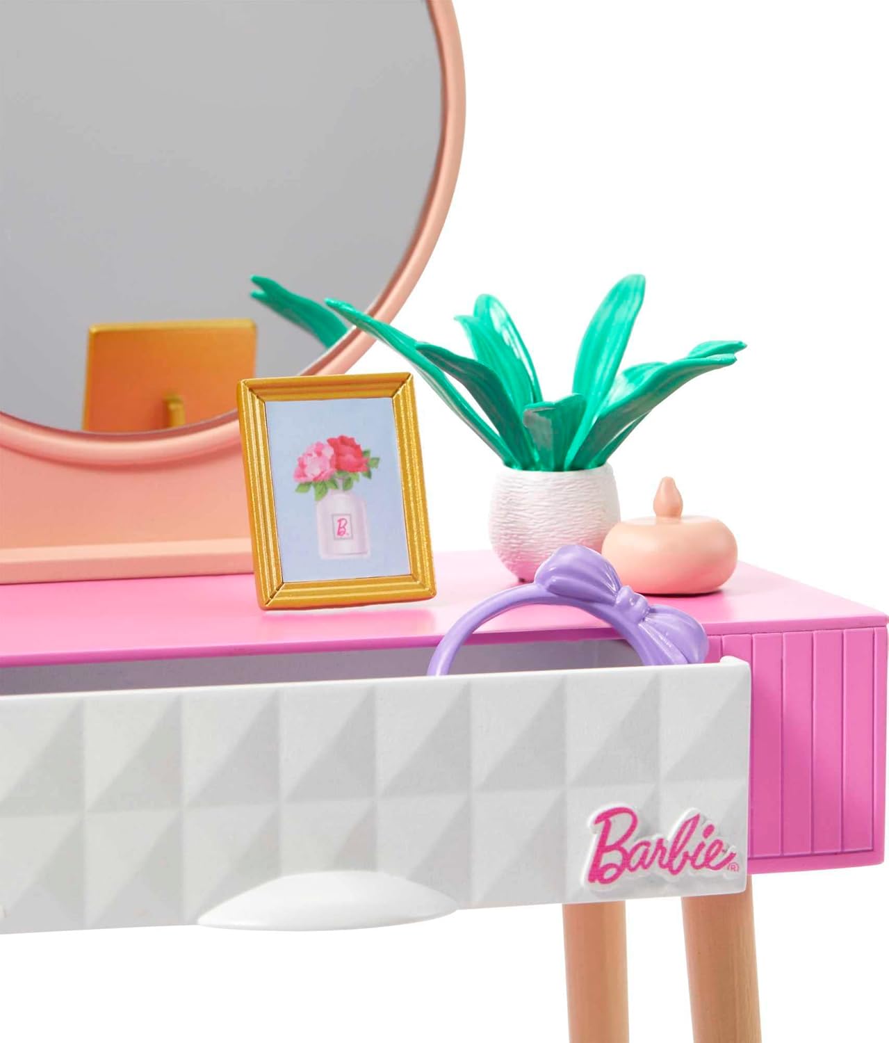 Barbie Meubilair - HJV35 - Barbie poppenhuis decoratie meubelset - ijdelheid, spiegel, kruk en schoonheidsproducten Make-uptafelset Meerkleurig