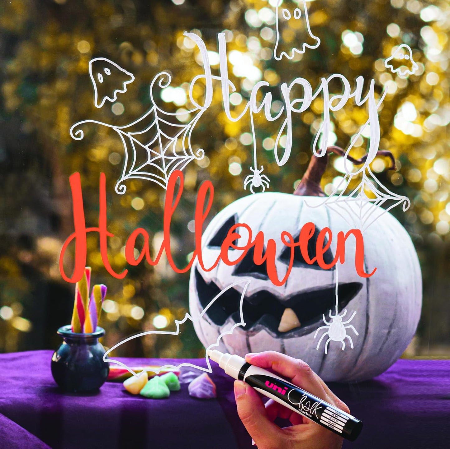 uni-ball PWE-5M Liquid Chalk Pens. Multi-Purpose Wipeable Coloured Markers for Blackboards, Chalkboards, Whiteboards, Glass, Mirrors, Plastic, Windows, Metal. Medium Tip. 4pc Halloween Set
