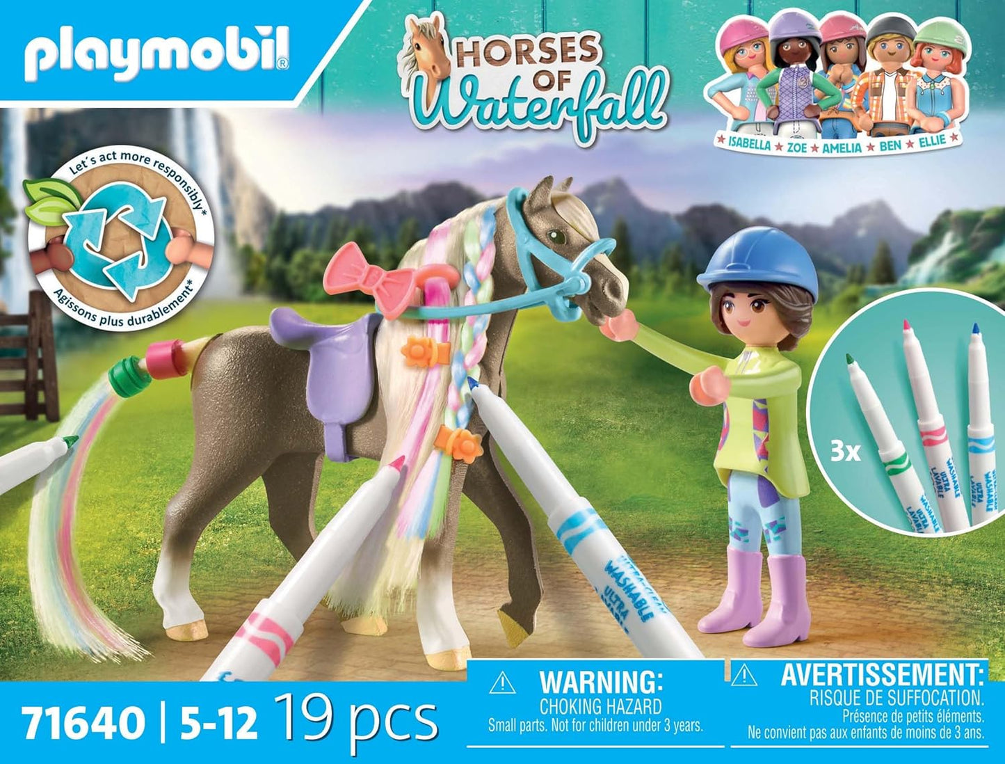 PLAYMOBIL Horses of Waterfall 71640 Paard met manen + accessoires, inclusief een figuur, een paard en drie CRAYOLA-stiften, creatief speelgoed voor kinderen vanaf 5 jaar