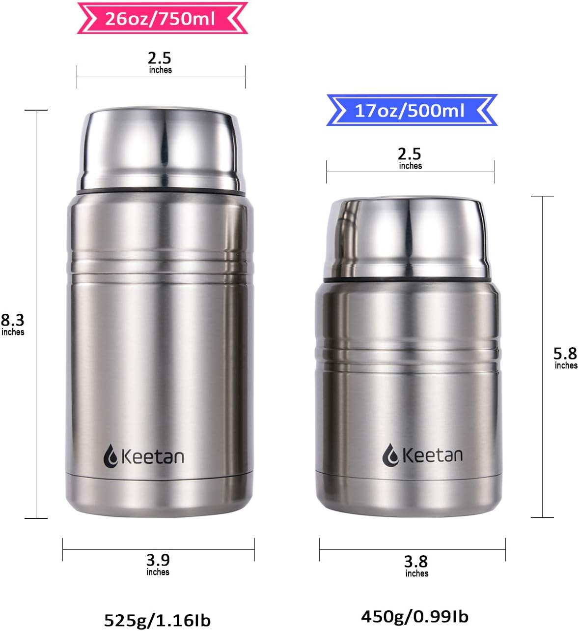 Keetan Vacuum Insulated Food Flasks BPA Free Stainless Steel Food Containers with Folding Spoon Lunch Box (Stainless Steel, 750 ml)