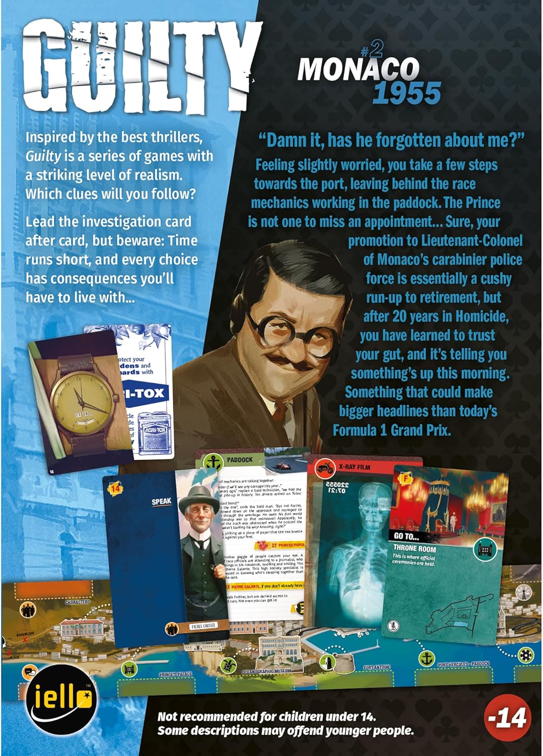 IELLO: Guilty: Monaco 1955 - Cooperative Deduction Game, Murder Mystery Investigation, Realistic Details, Ages 14+, 1-99 Players, 180-240 Minutes