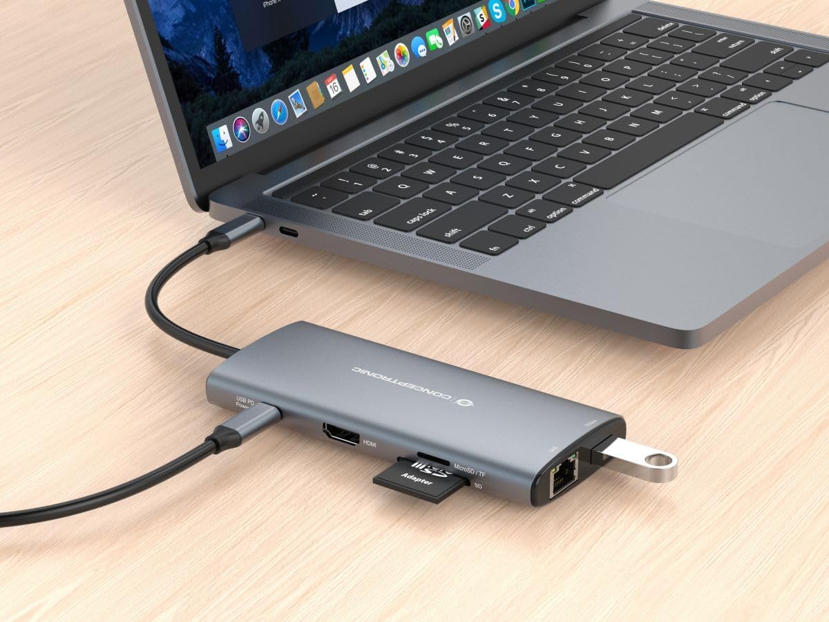 Conceptronic DONN06G 10-in-1 USB 3.2 Gen 1 Docking Station, HDMI, 100W USB PD, USB-C 5Gbps x 2, USB-A 5Gbps x 3, SD, TF/MicroSD, GbE