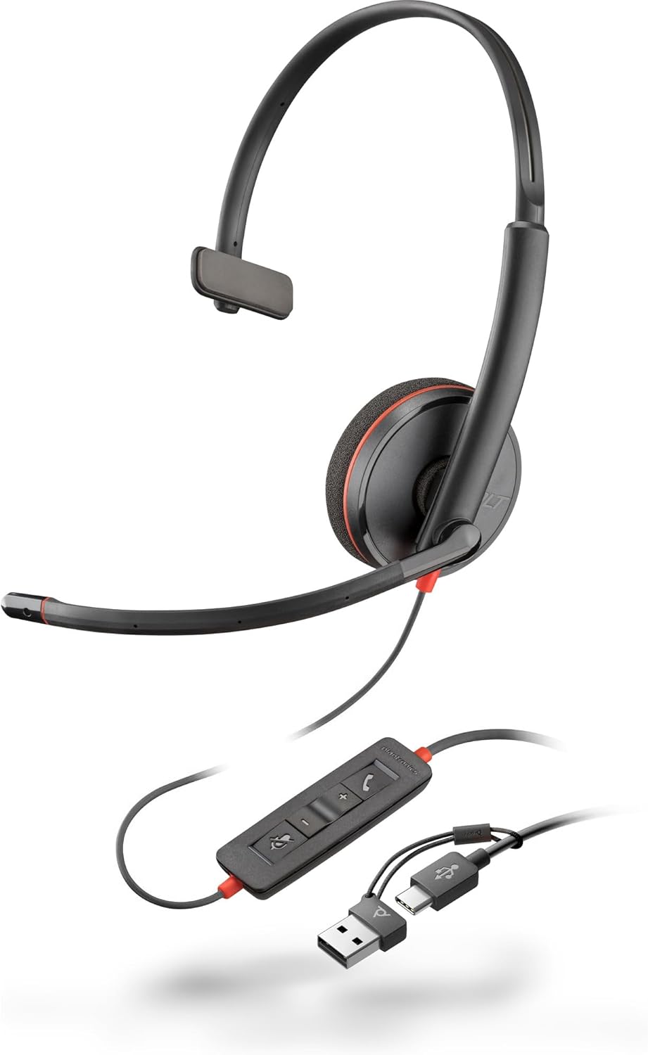 HP POLY Blackwire 3210 Monaural USB-C Black Headset +USB-C/A Adapter (Bulk