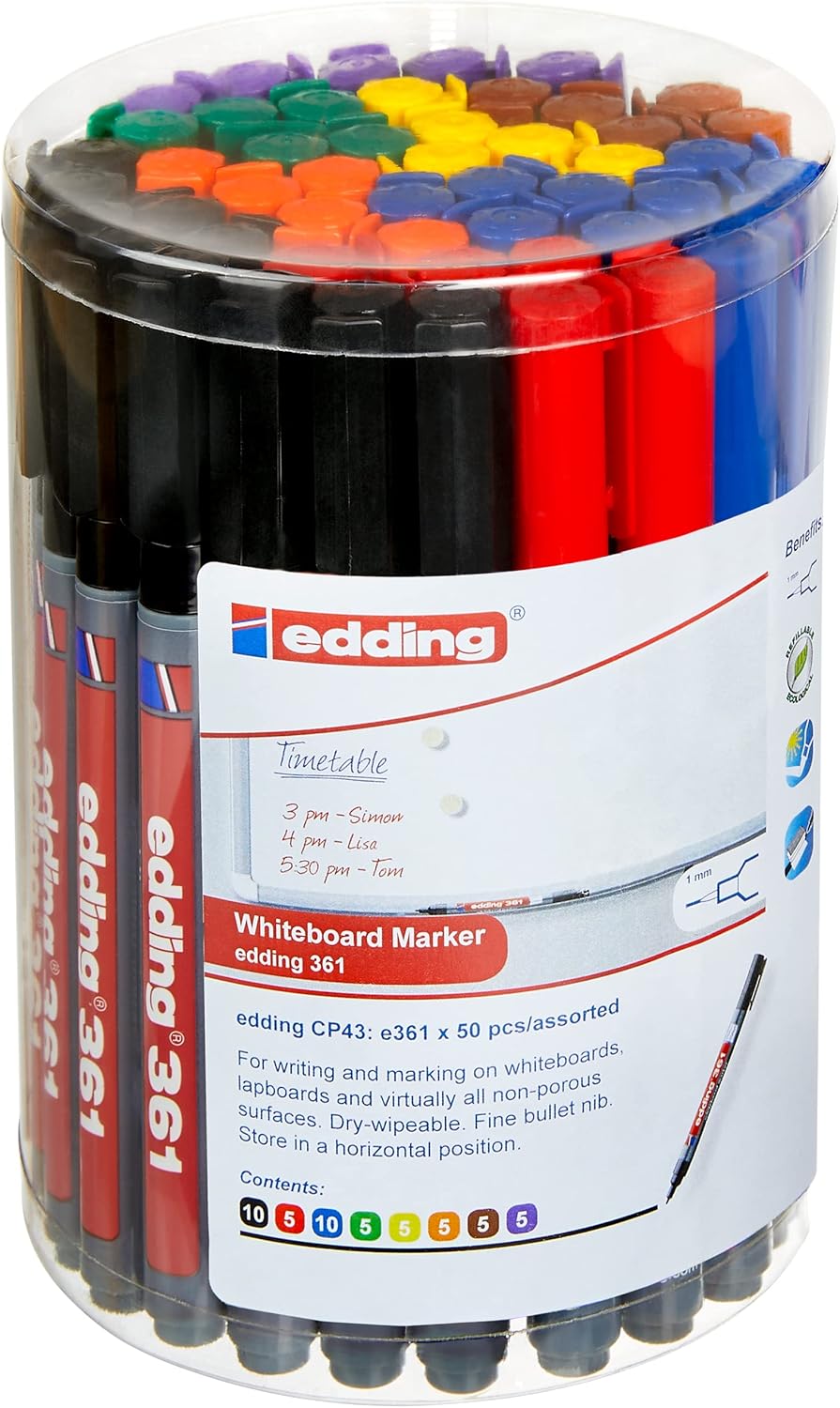 edding 361 whiteboard marker set - multi-coloured - 50 whiteboard pens - round tip 1 mm - whiteboard pen dry wipe - for whiteboards, flipcharts, magnetic, memo boards - sketchnotes - refillable
