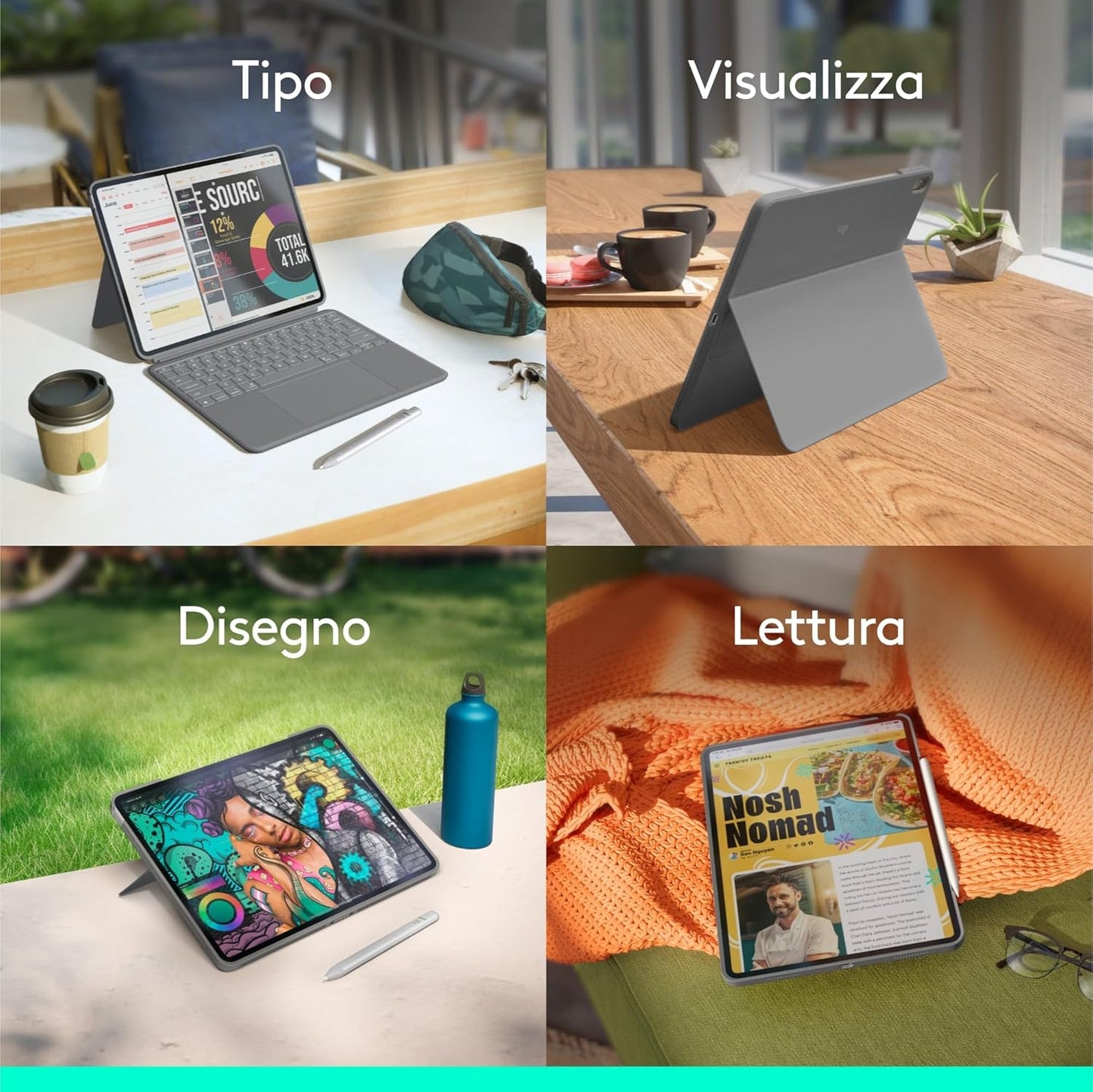Logitech Combo Touch per iPad Air da 13 pollici (M2/M3)(2024/2025), custodia con tastiera - Tastiera staccabile retroilluminata, digitazione comoda, modalità multiuso, Layout Italiano QWERTY - Grigio