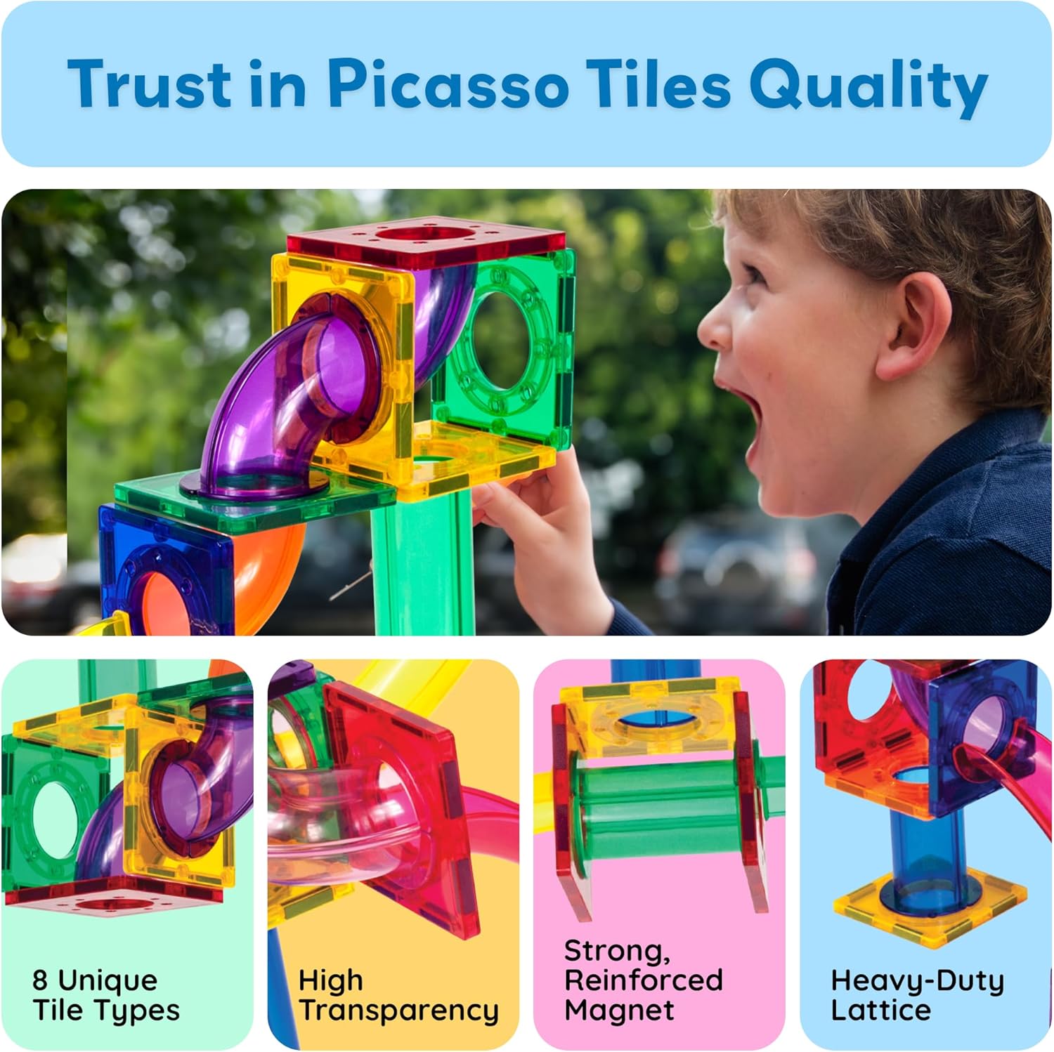 PicassoTiles Murmelbahn 50-teilige Magnetfliesen-Rennbahn Spielzeug-Set, Bauen & Lernen, pädagogische Magnetkonstruktion, Kinder-Gehirn-Entwicklungs-Kit | Jungen Mädchen Alter 3 4 5 6 7 8+ Jahre alt